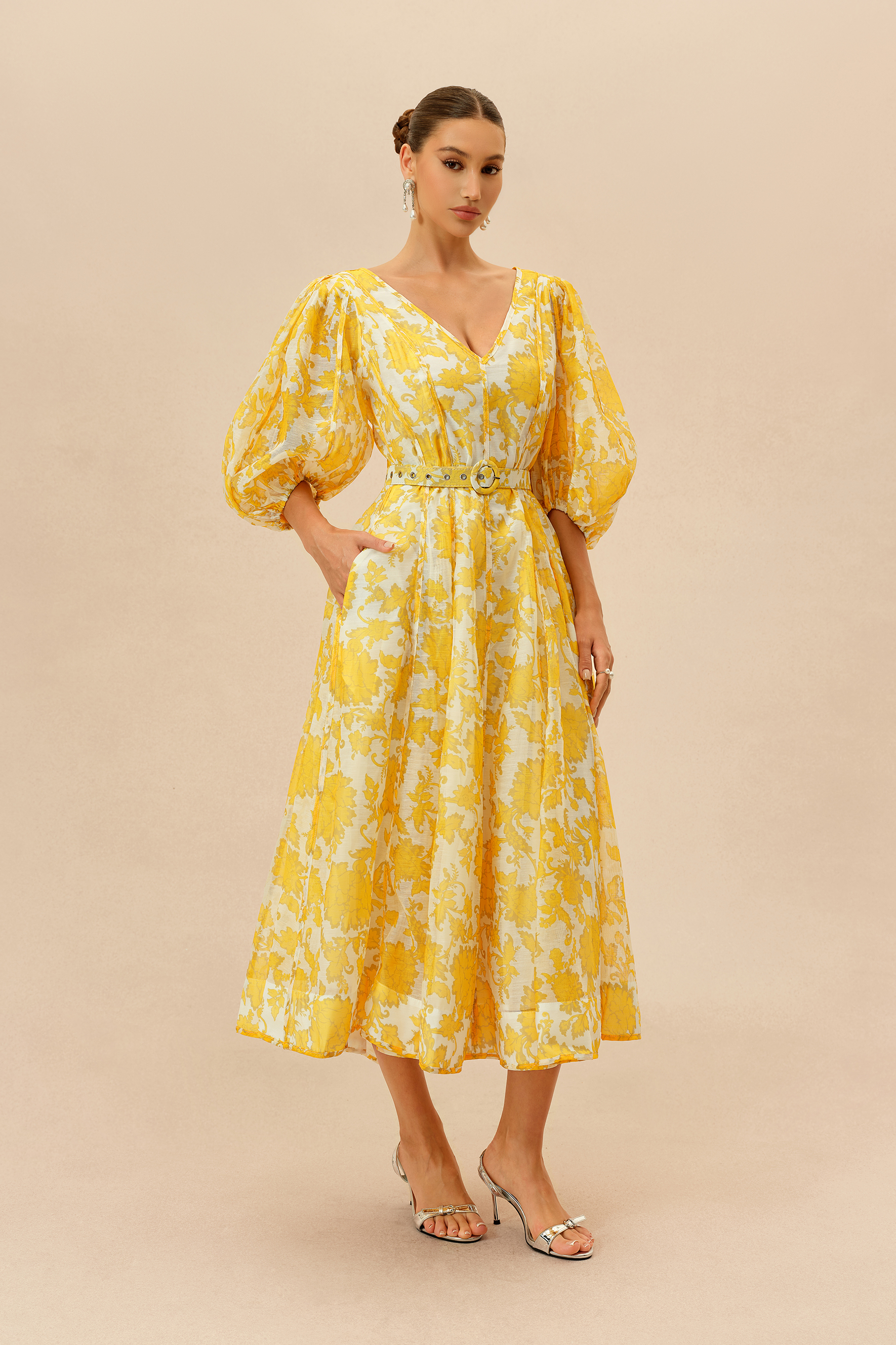 Spring Letters Yellow Printed Puff Sleeve Midi Dress