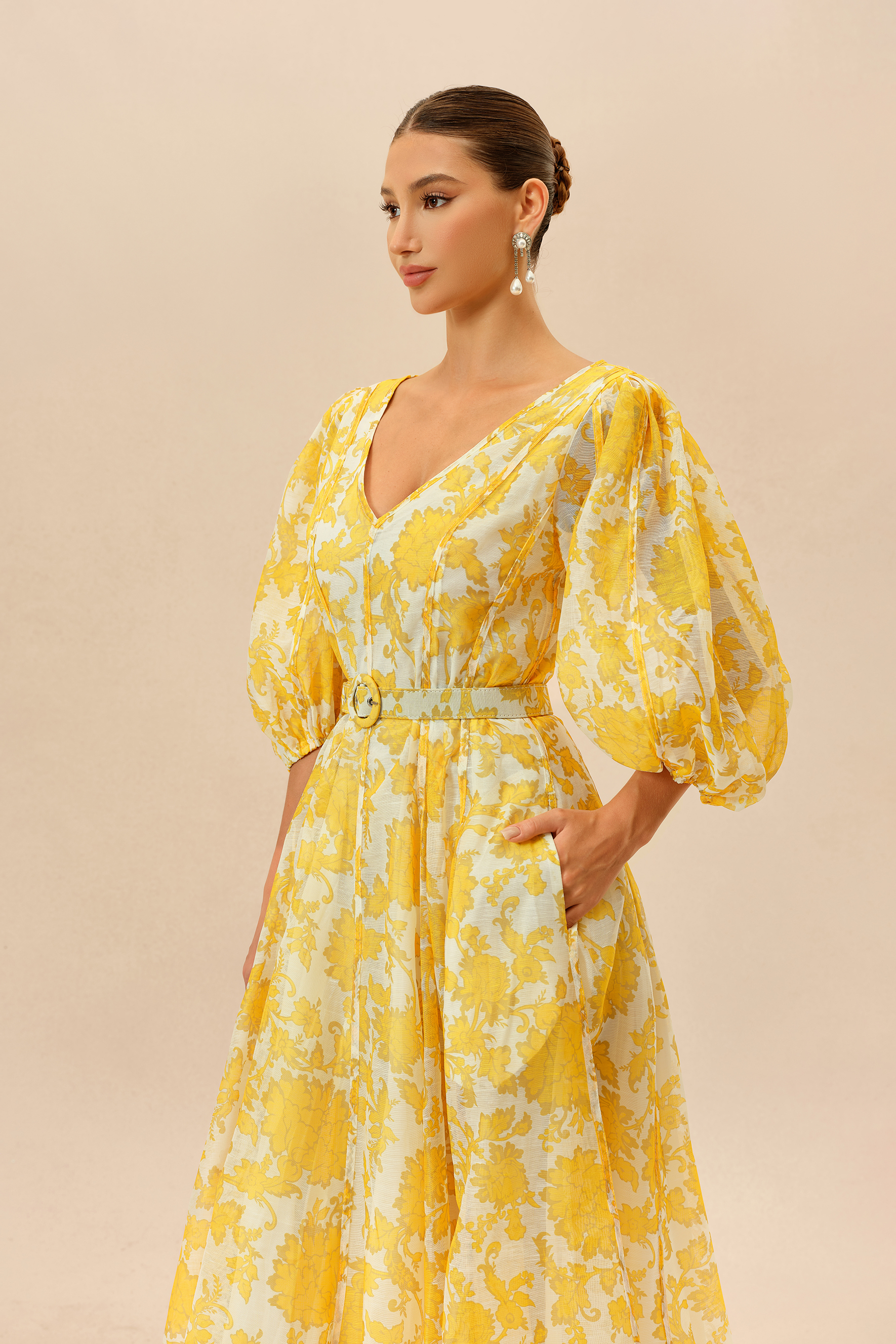Spring Letters Yellow Printed Puff Sleeve Midi Dress