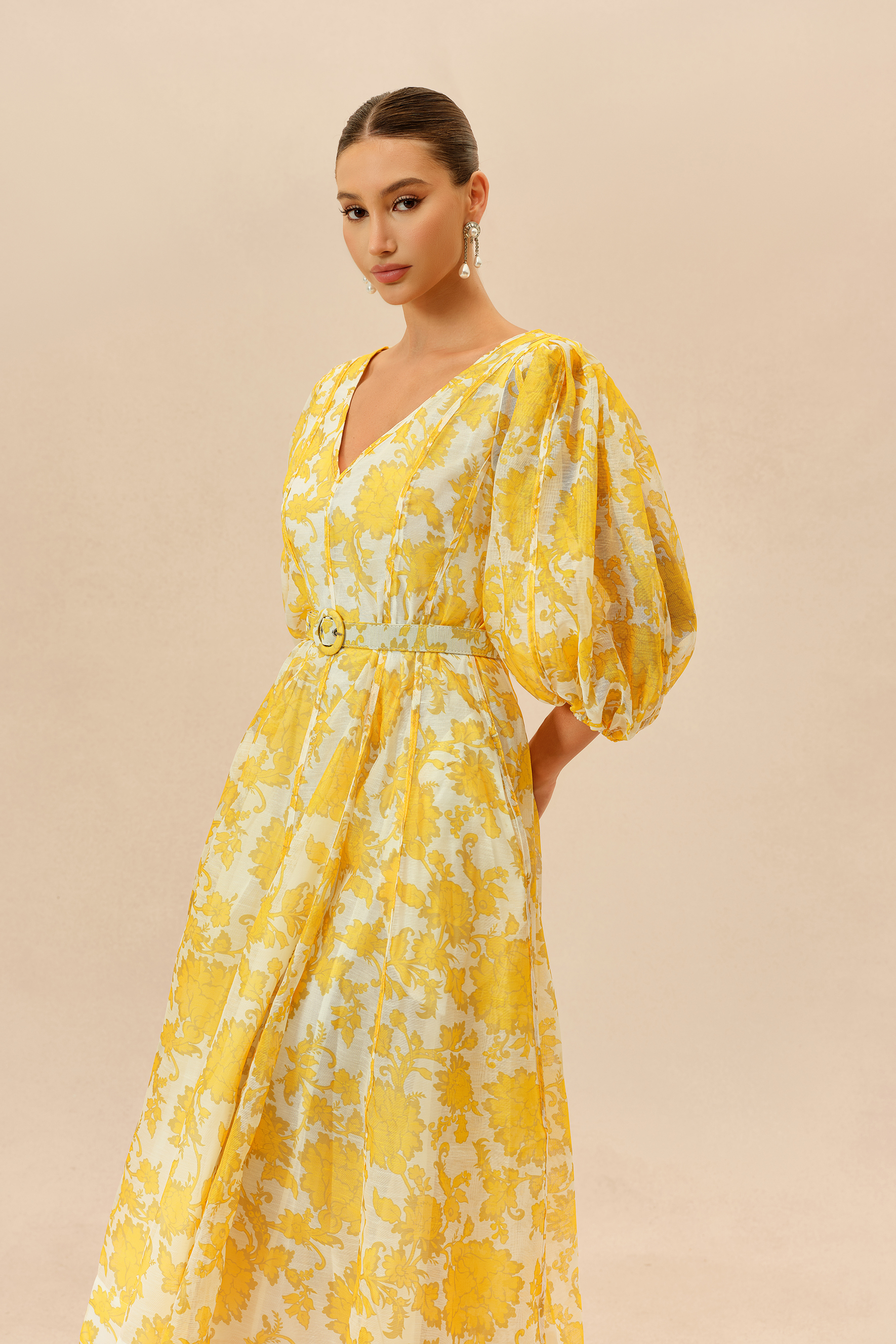 Spring Letters Yellow Printed Puff Sleeve Midi Dress