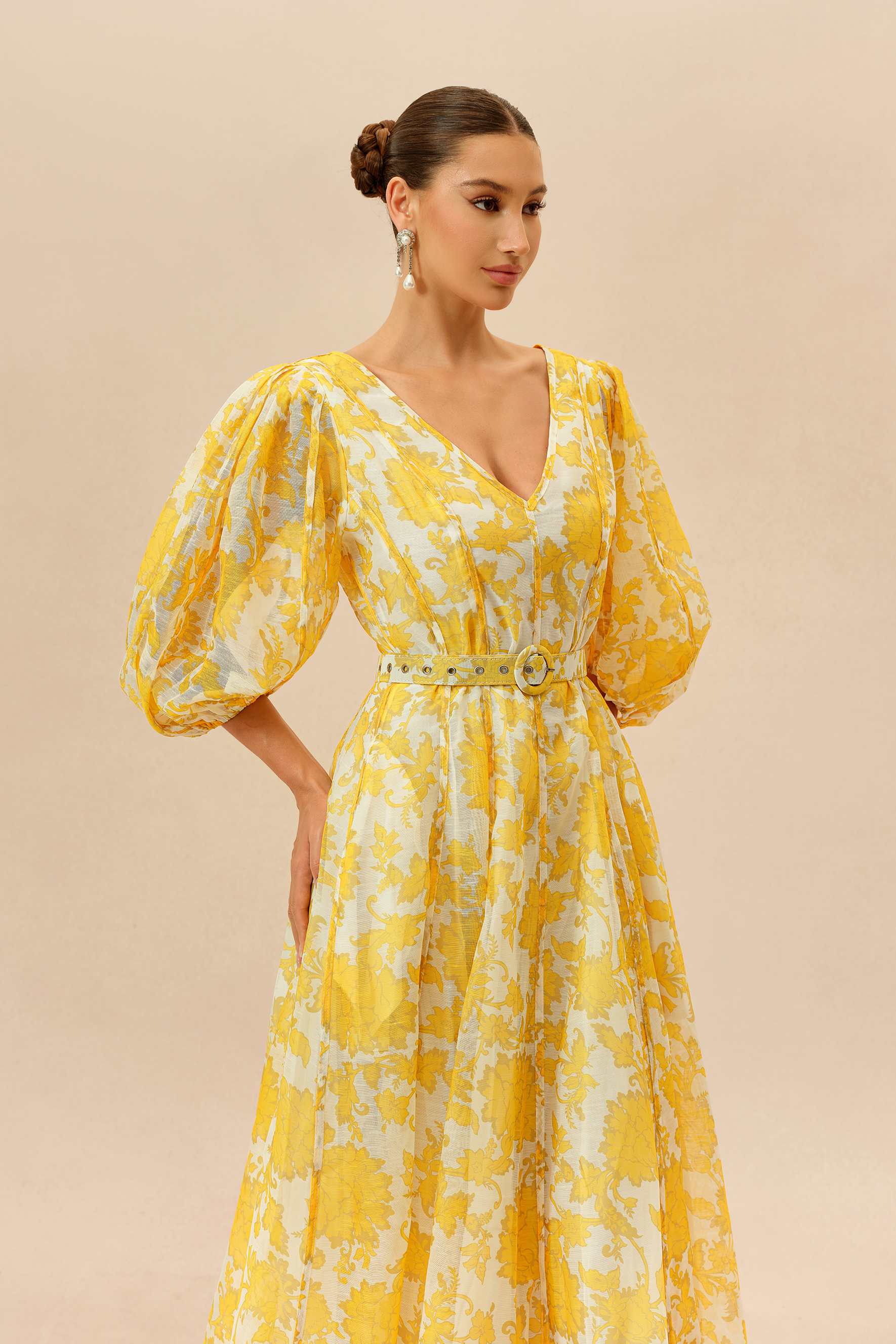 Spring Letters Yellow Printed Puff Sleeve Midi Dress
