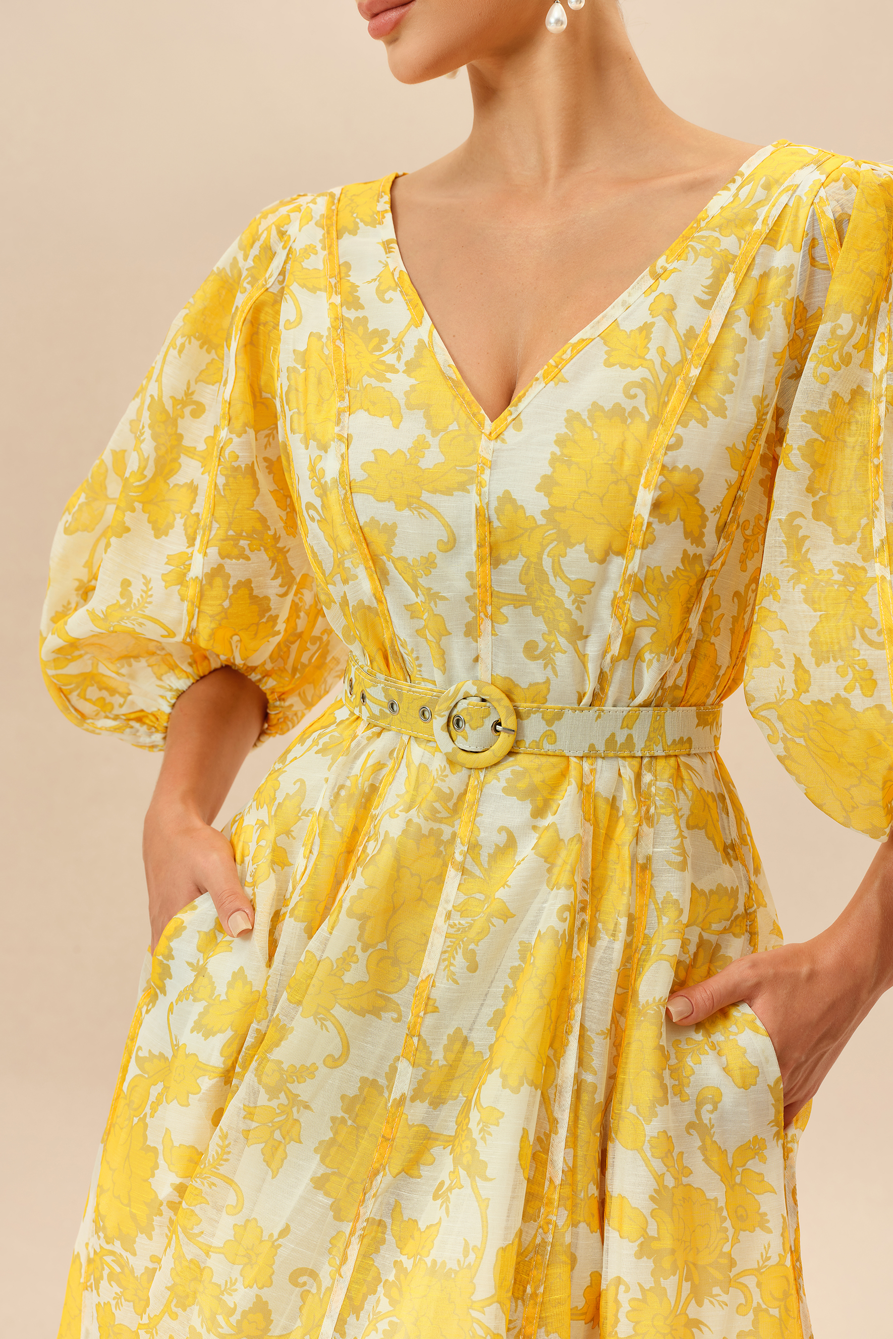 Spring Letters Yellow Printed Puff Sleeve Midi Dress