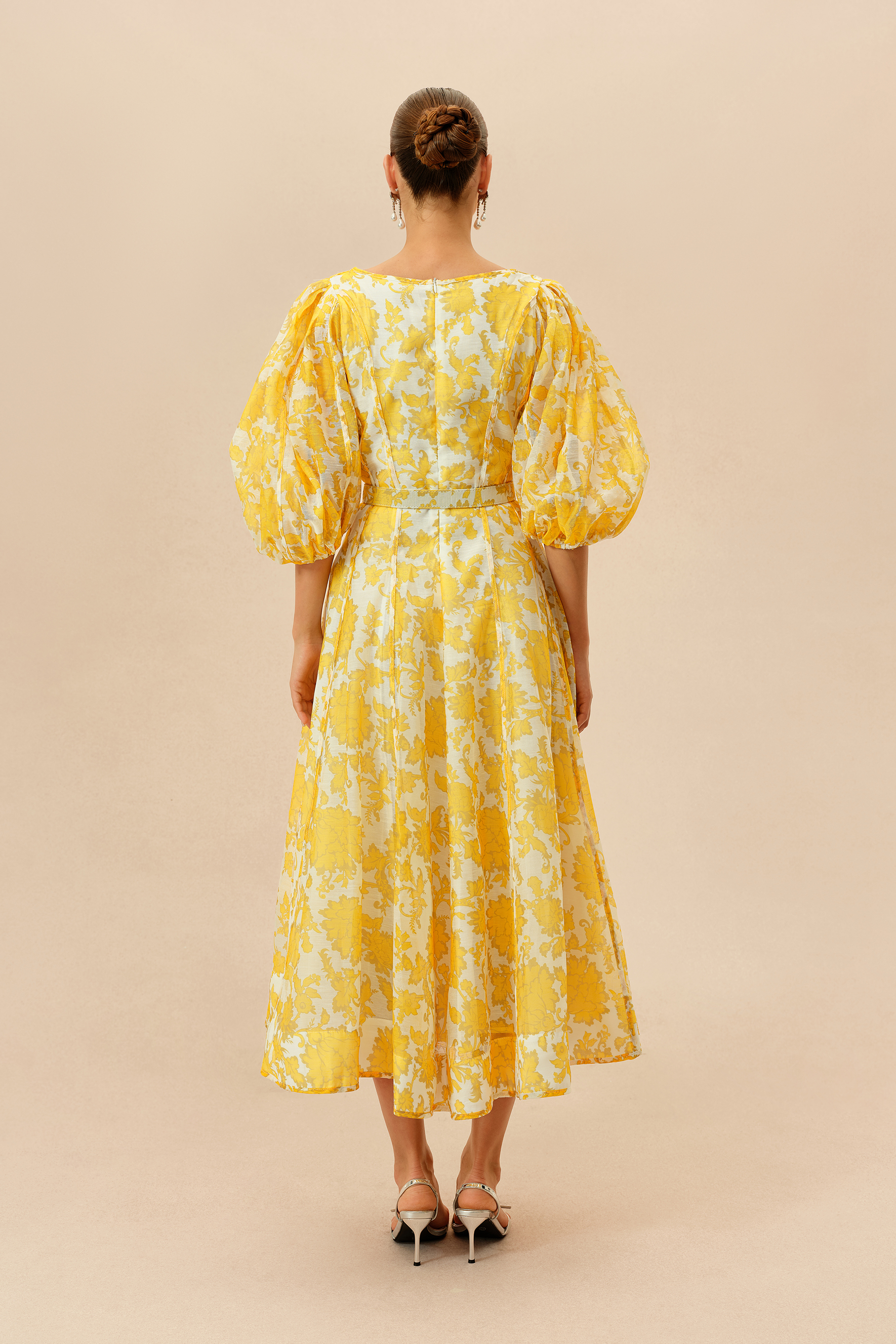 Spring Letters Yellow Printed Puff Sleeve Midi Dress