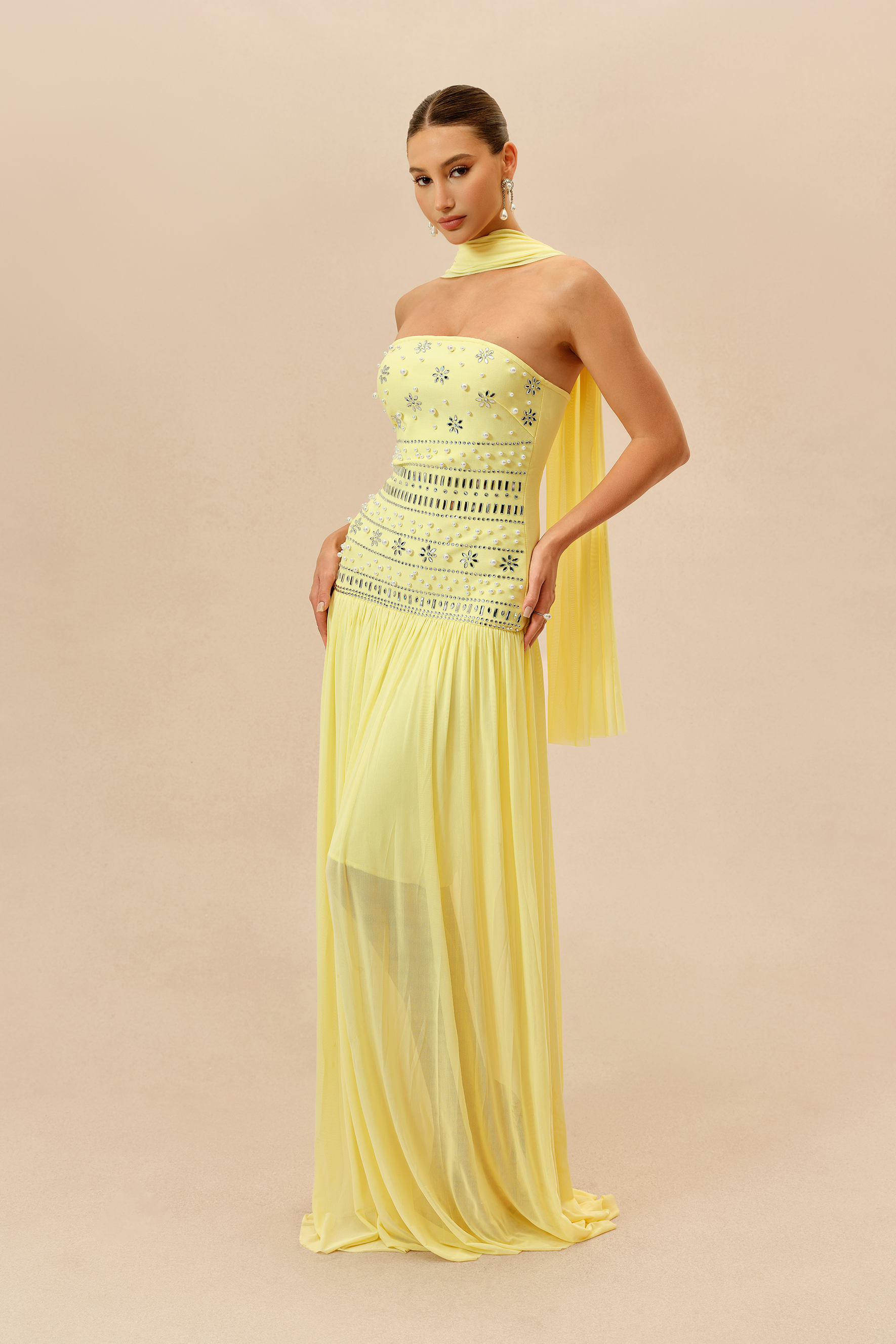 Irresistible Mood Yellow Pearl Embellished Strapless Maxi Dress With Scarf