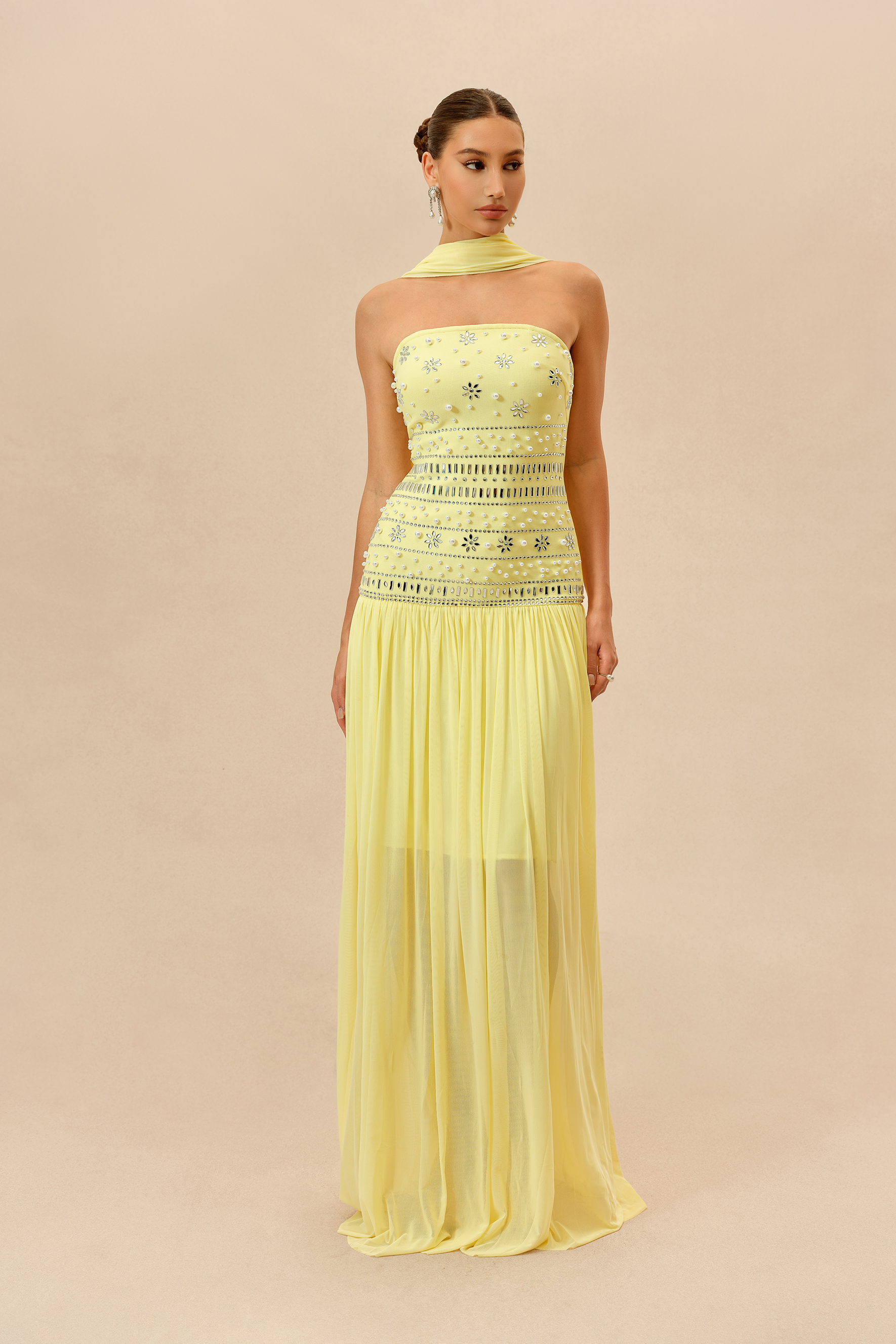 Irresistible Mood Yellow Pearl Embellished Strapless Maxi Dress With Scarf