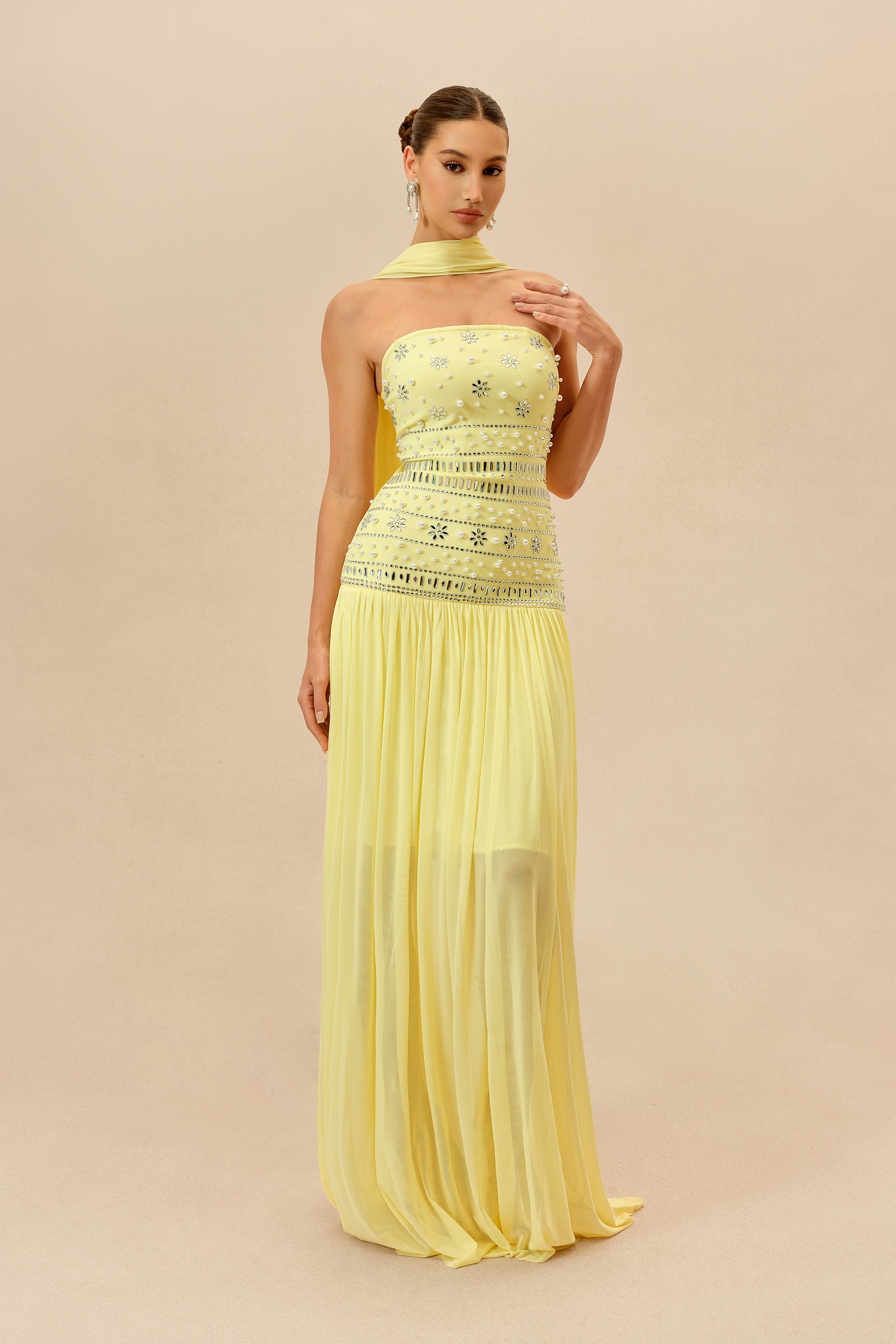Irresistible Mood Yellow Pearl Embellished Strapless Maxi Dress With Scarf