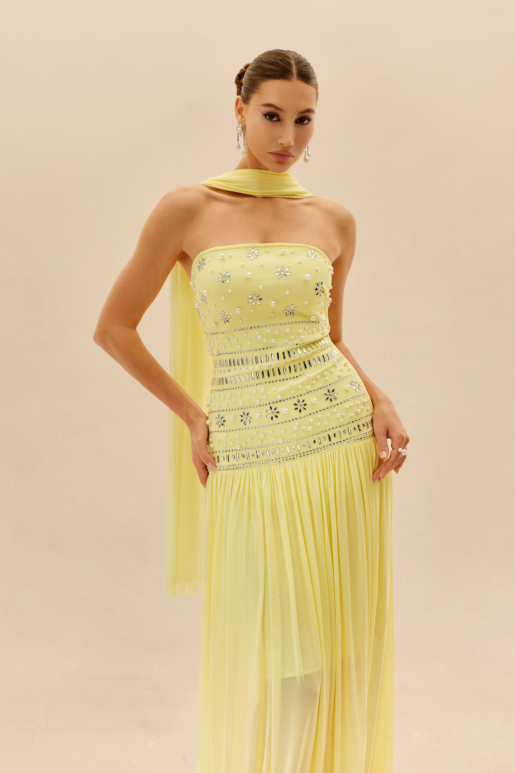 Irresistible Mood Yellow Pearl Embellished Strapless Maxi Dress With Scarf