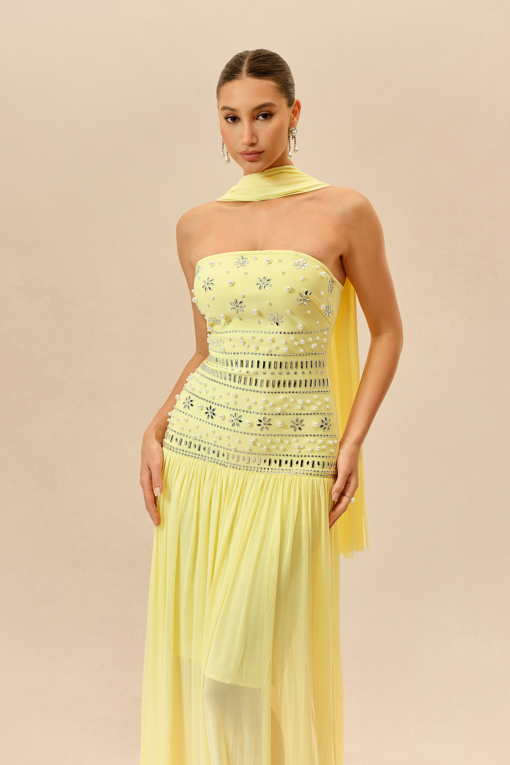 Irresistible Mood Yellow Pearl Embellished Strapless Maxi Dress With Scarf