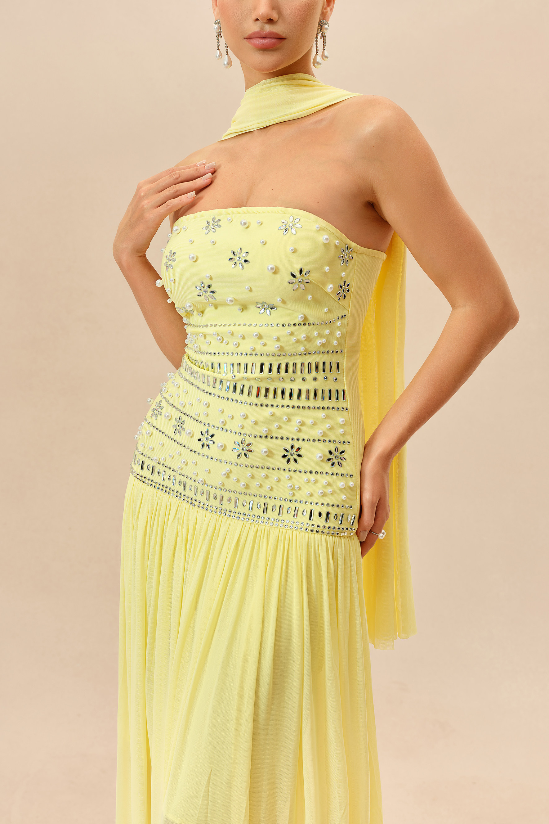 Irresistible Mood Yellow Pearl Embellished Strapless Maxi Dress With Scarf