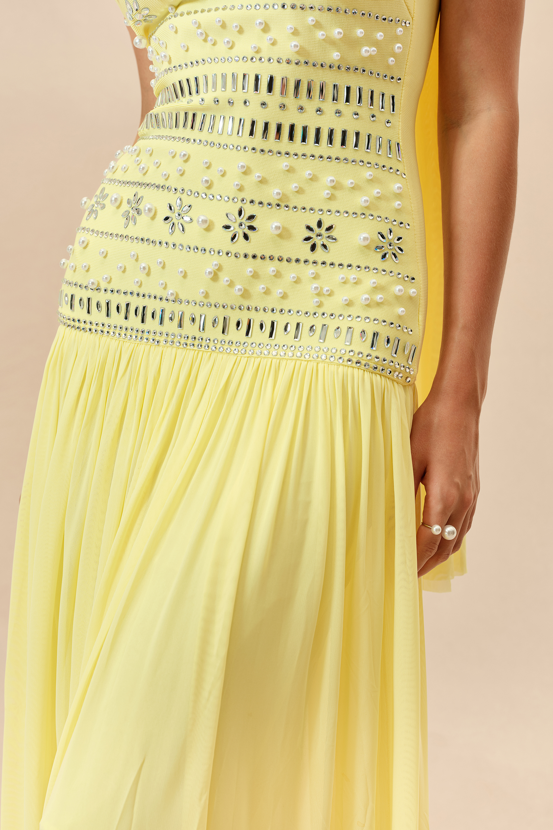 Irresistible Mood Yellow Pearl Embellished Strapless Maxi Dress With Scarf