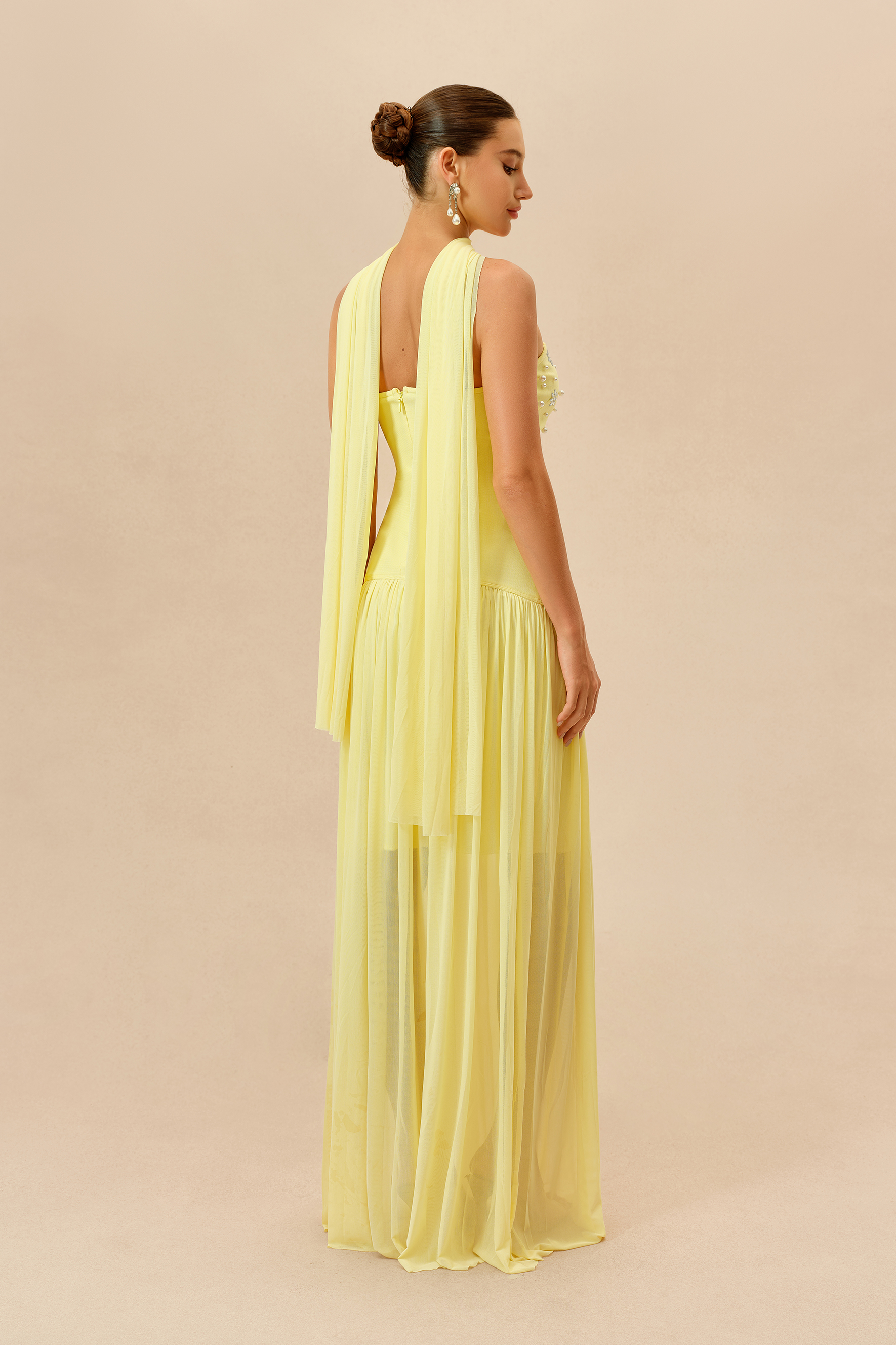 Irresistible Mood Yellow Pearl Embellished Strapless Maxi Dress With Scarf