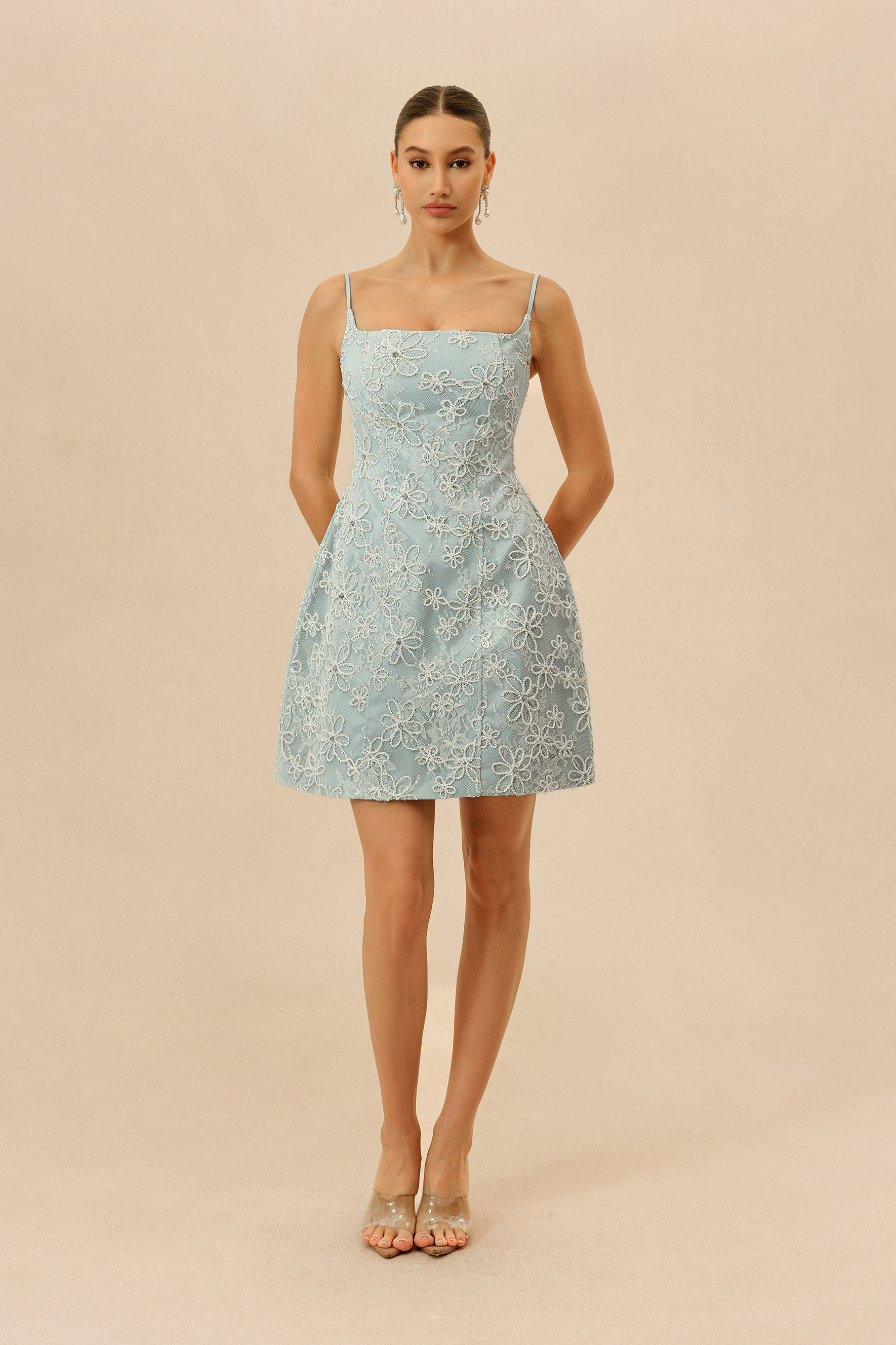 Summer Crush Blue Floral Lace Spaghetti Strap Mini Dress