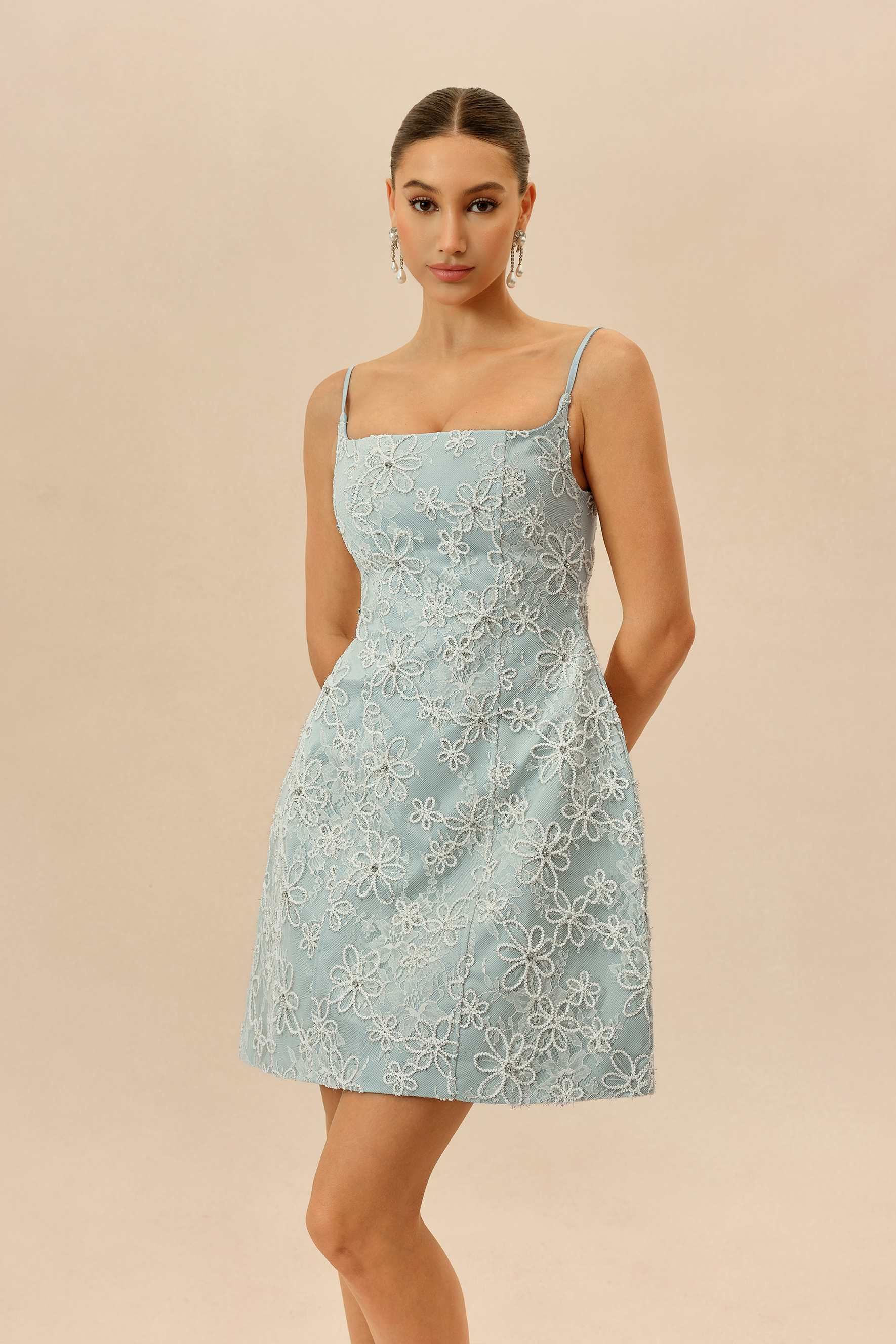 Summer Crush Blue Floral Lace Spaghetti Strap Mini Dress
