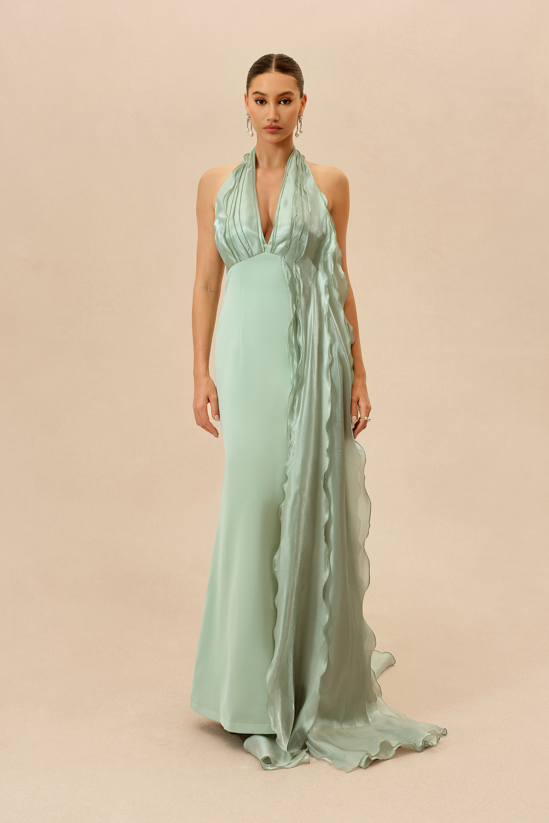 Lost in the Breeze Green Deep V Neck Ruffle Maxi Dress