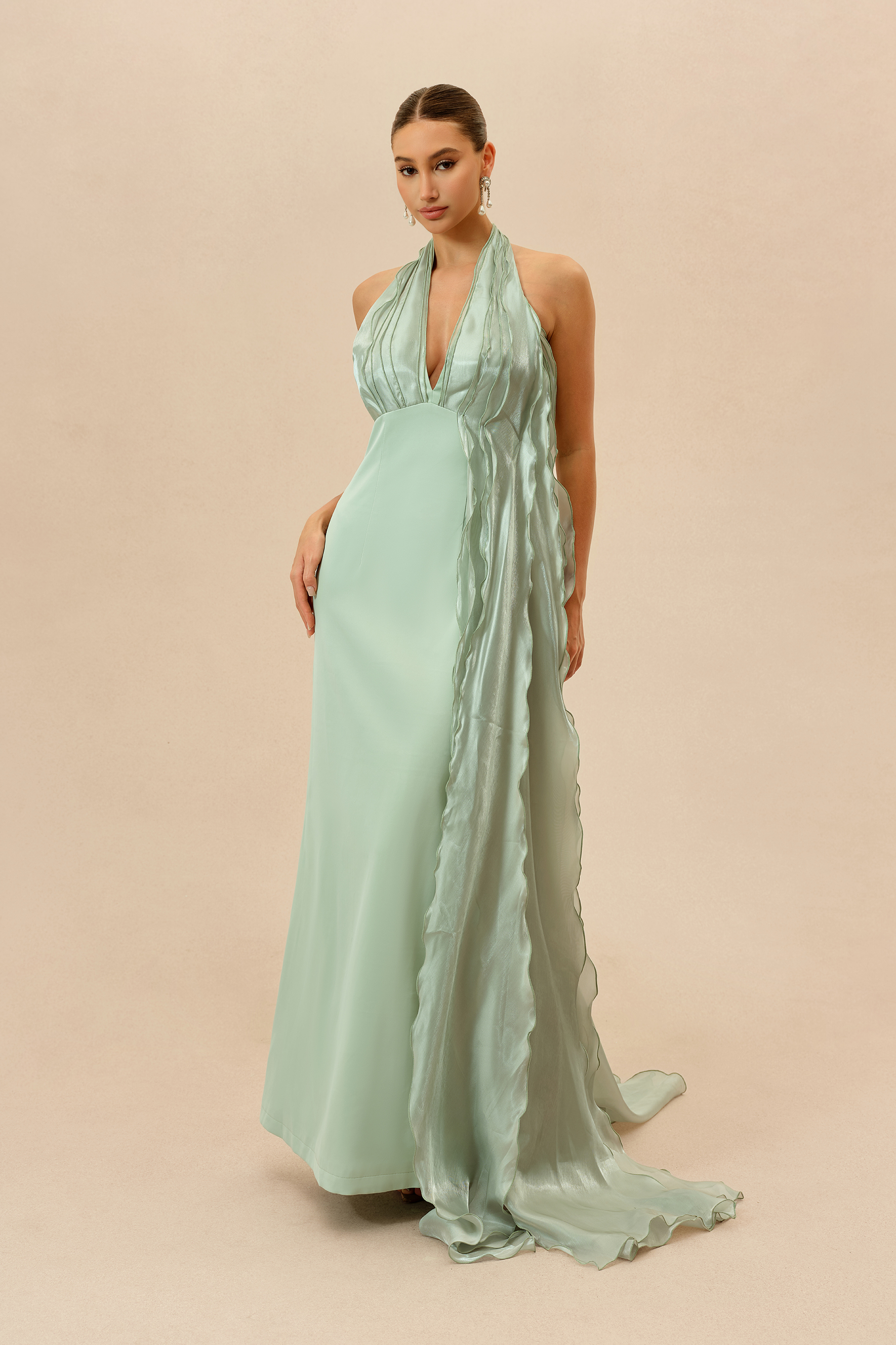 Lost in the Breeze Green Deep V Neck Ruffle Maxi Dress