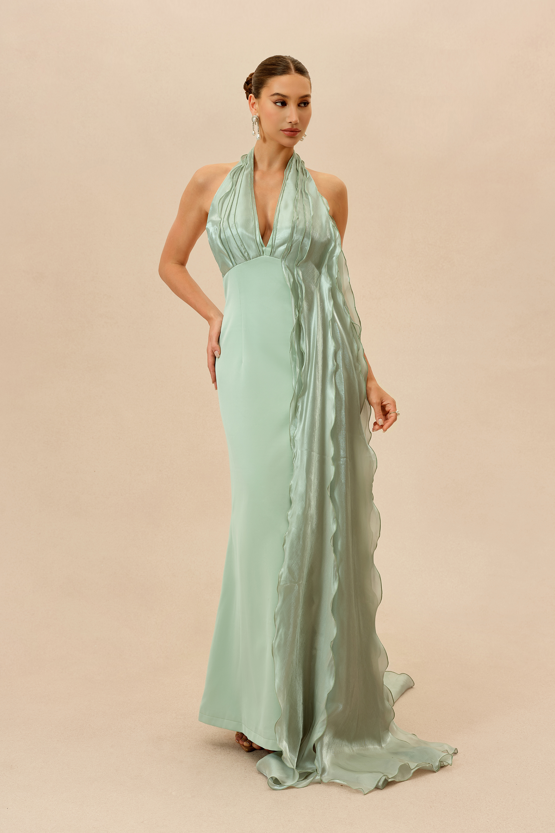 Lost in the Breeze Green Deep V Neck Ruffle Maxi Dress