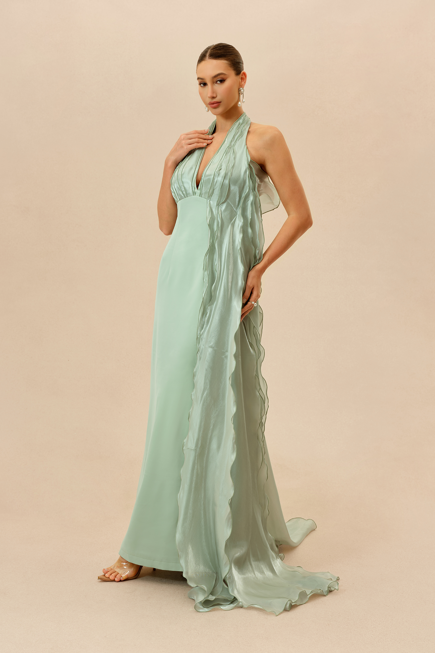 Lost in the Breeze Green Deep V Neck Ruffle Maxi Dress