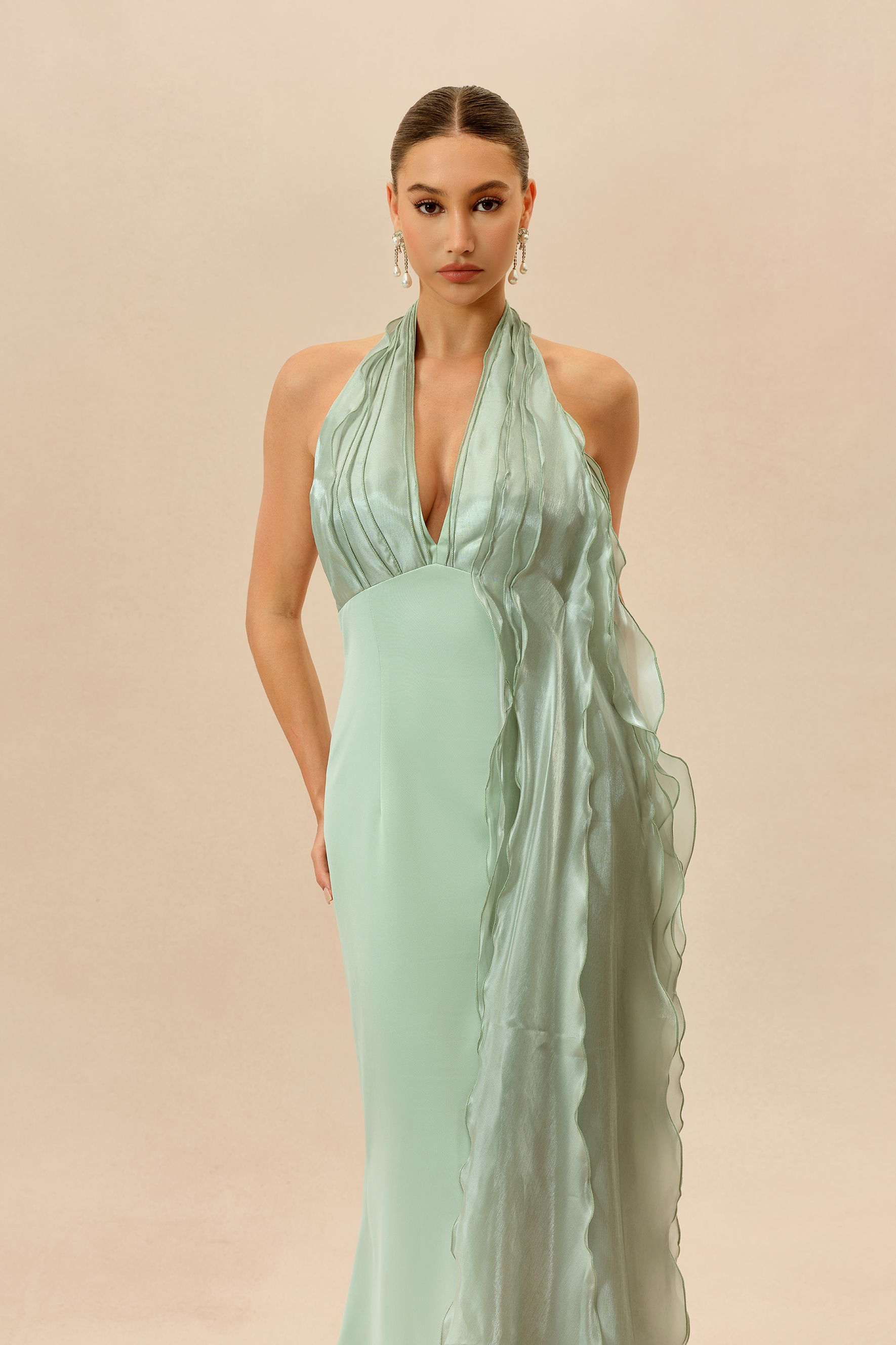 Lost in the Breeze Green Deep V Neck Ruffle Maxi Dress