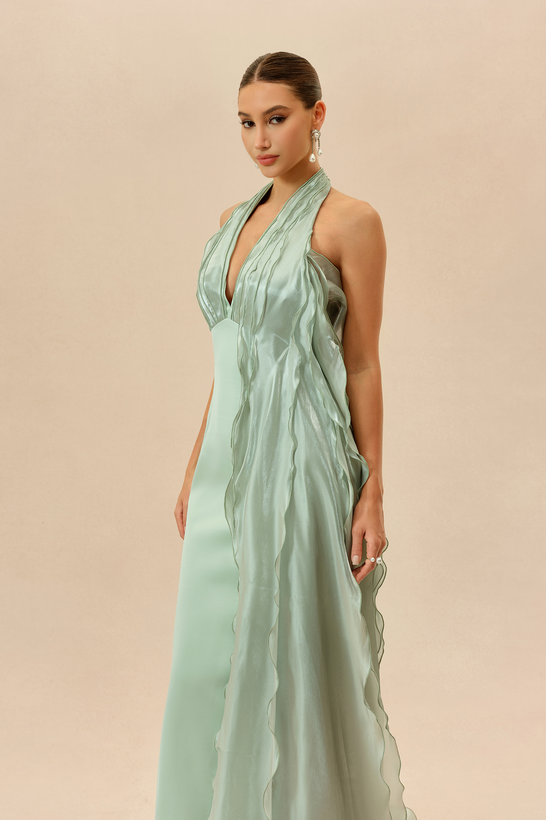 Lost in the Breeze Green Deep V Neck Ruffle Maxi Dress
