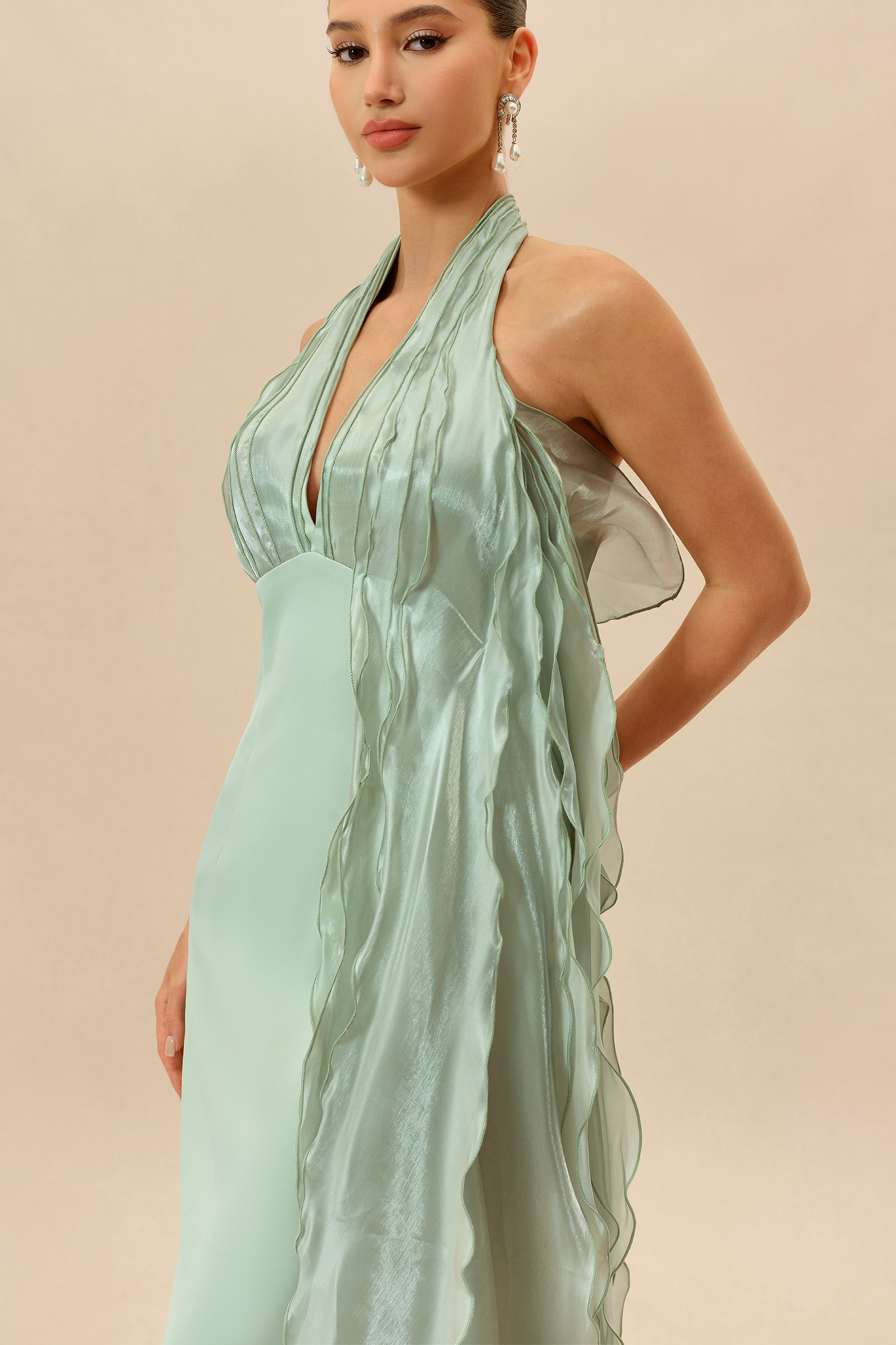 Lost in the Breeze Green Deep V Neck Ruffle Maxi Dress