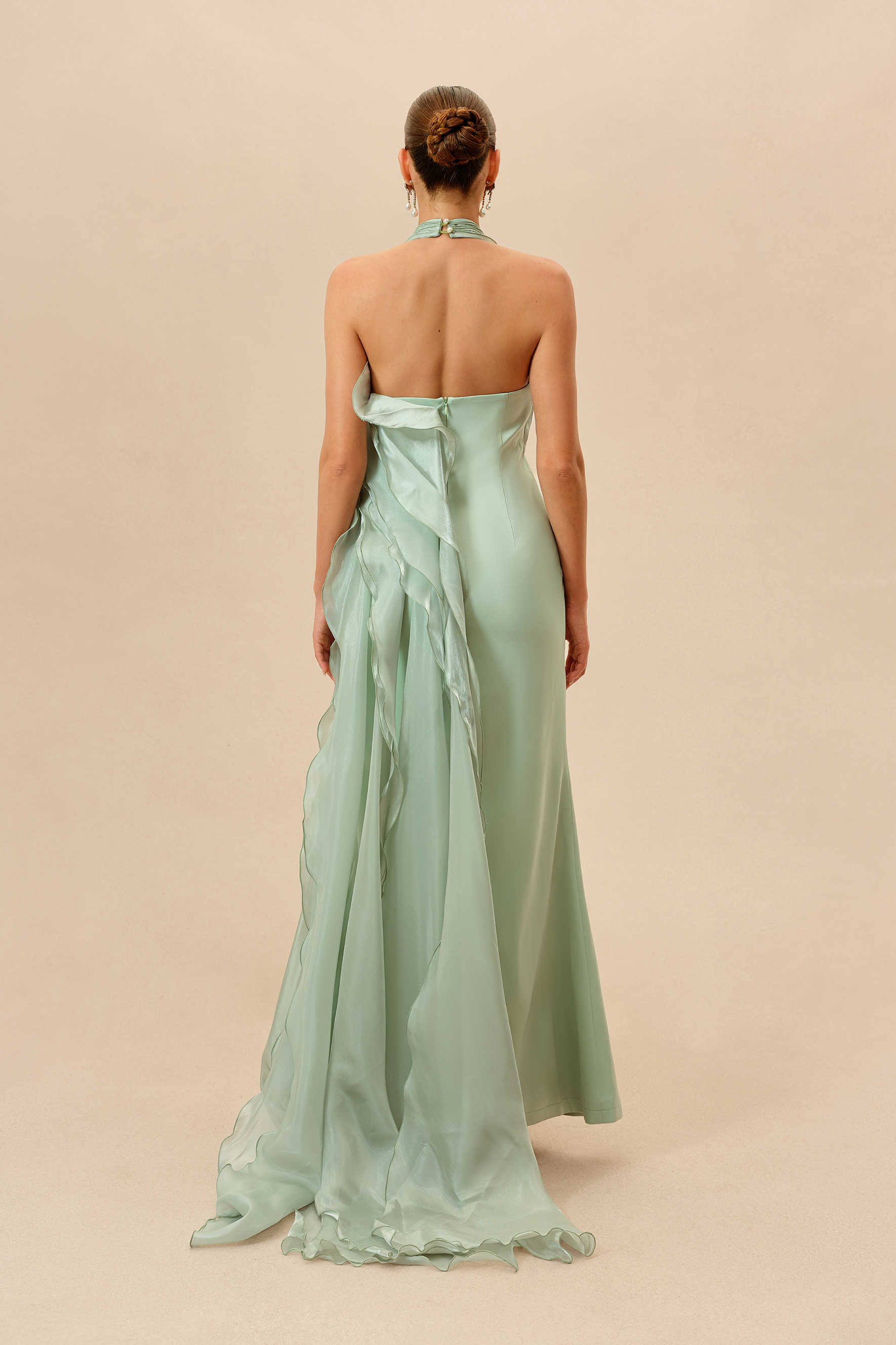 Lost in the Breeze Green Deep V Neck Ruffle Maxi Dress