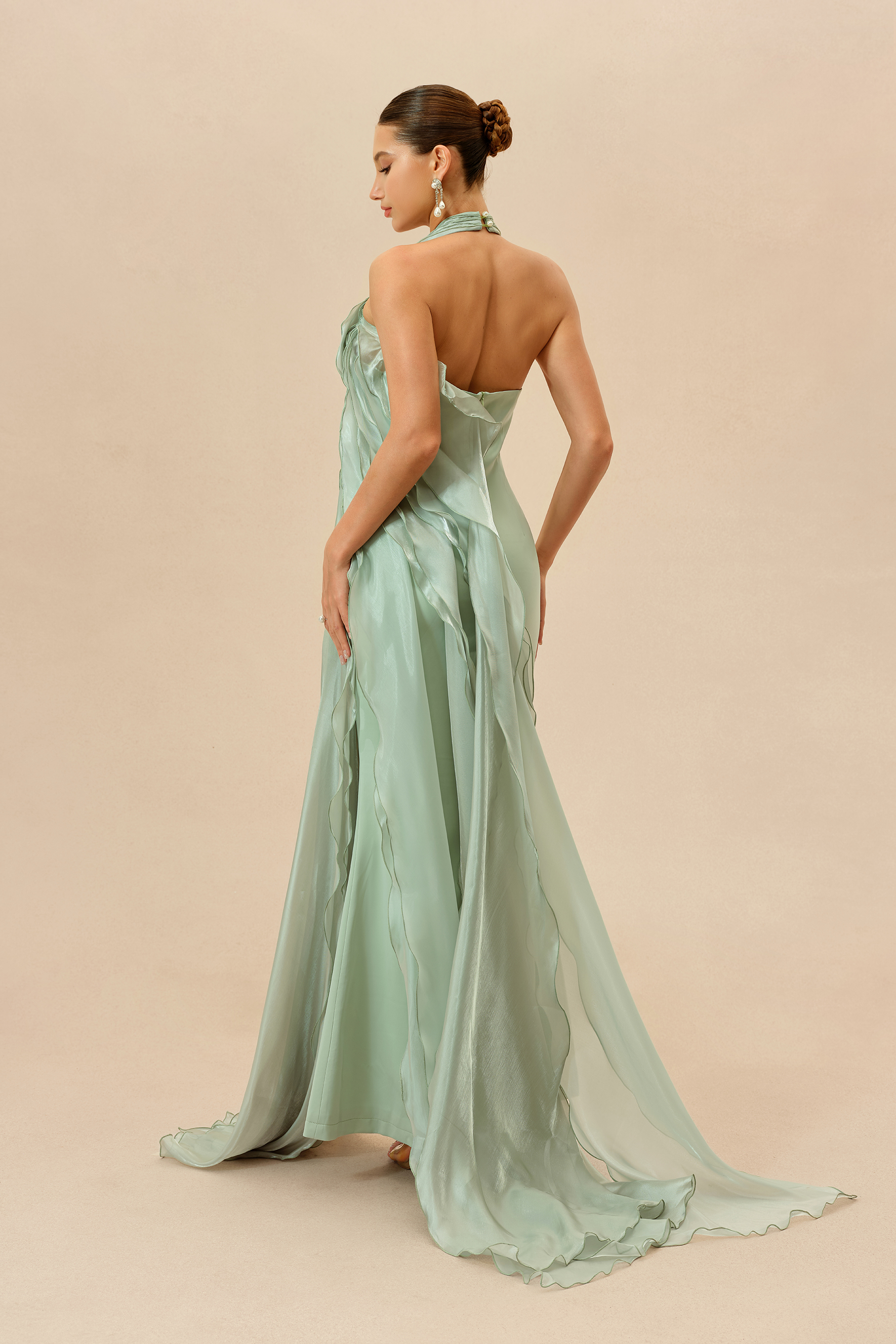 Lost in the Breeze Green Deep V Neck Ruffle Maxi Dress