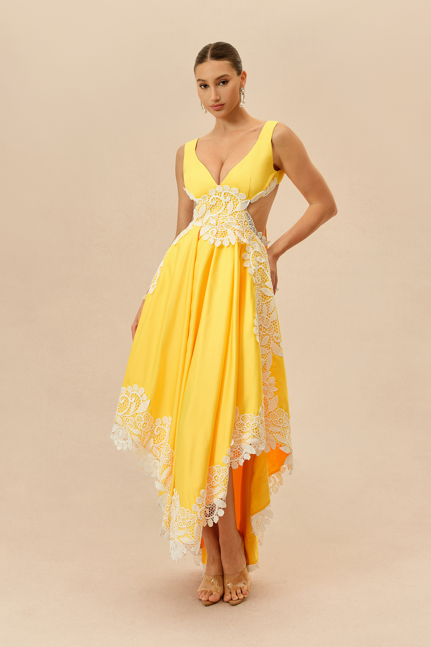 Sweetly Charming Yellow Lace Applique Bow Back Maxi Dress