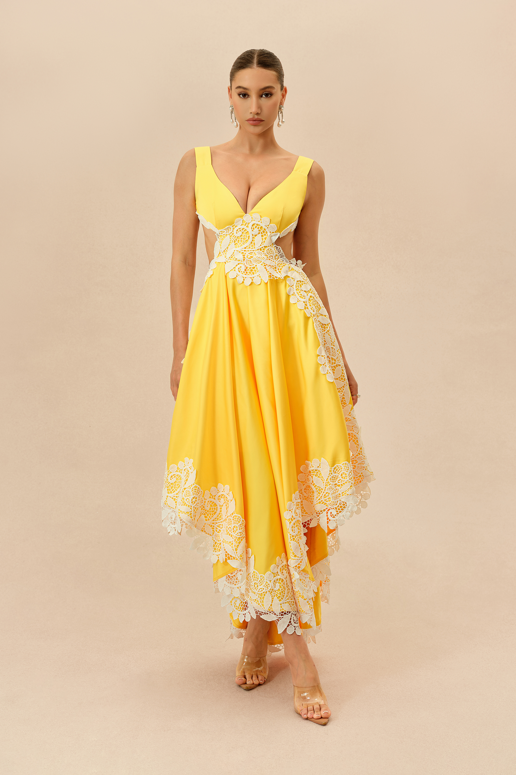 Sweetly Charming Yellow Lace Applique Bow Back Maxi Dress