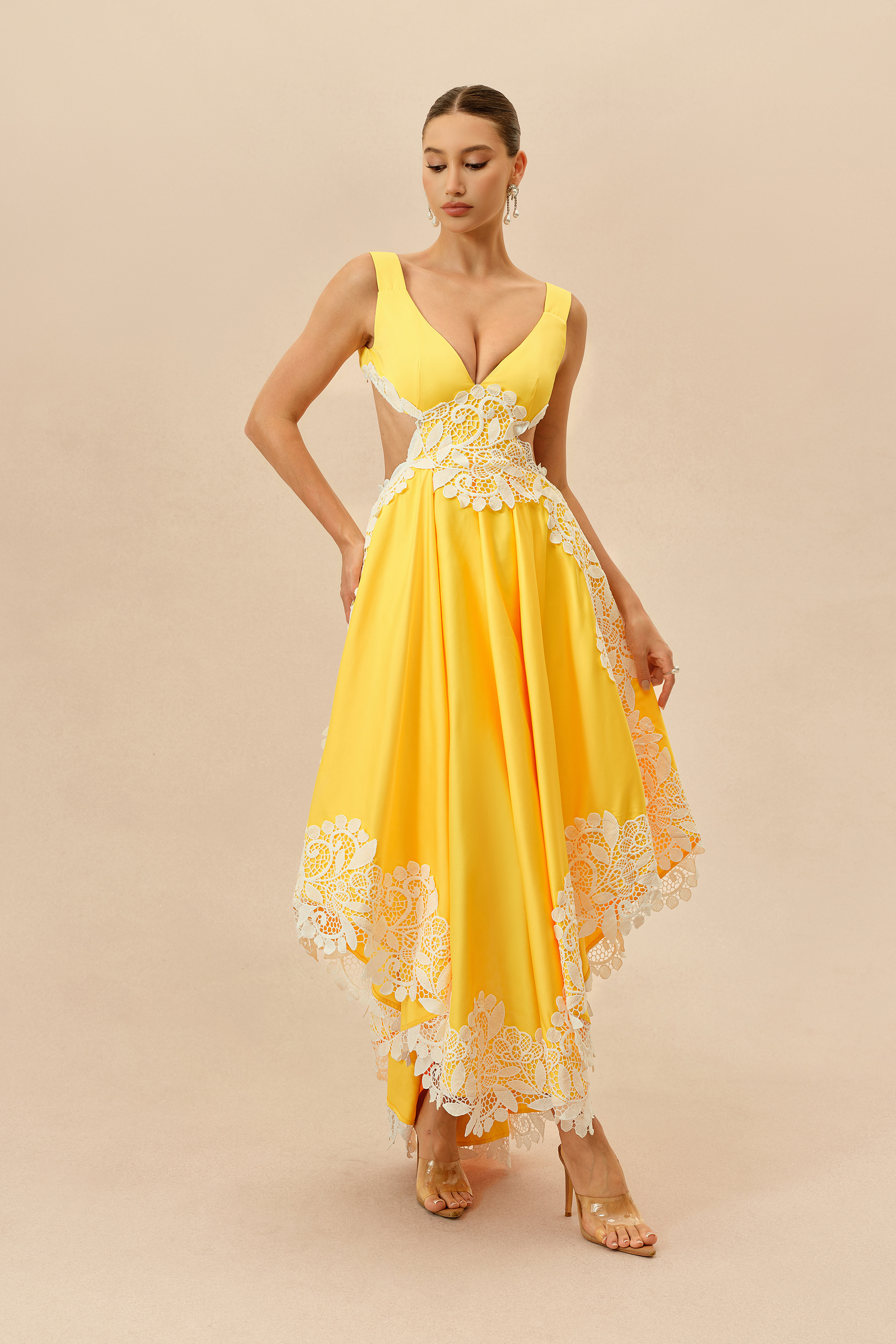 Sweetly Charming Yellow Lace Applique Bow Back Maxi Dress