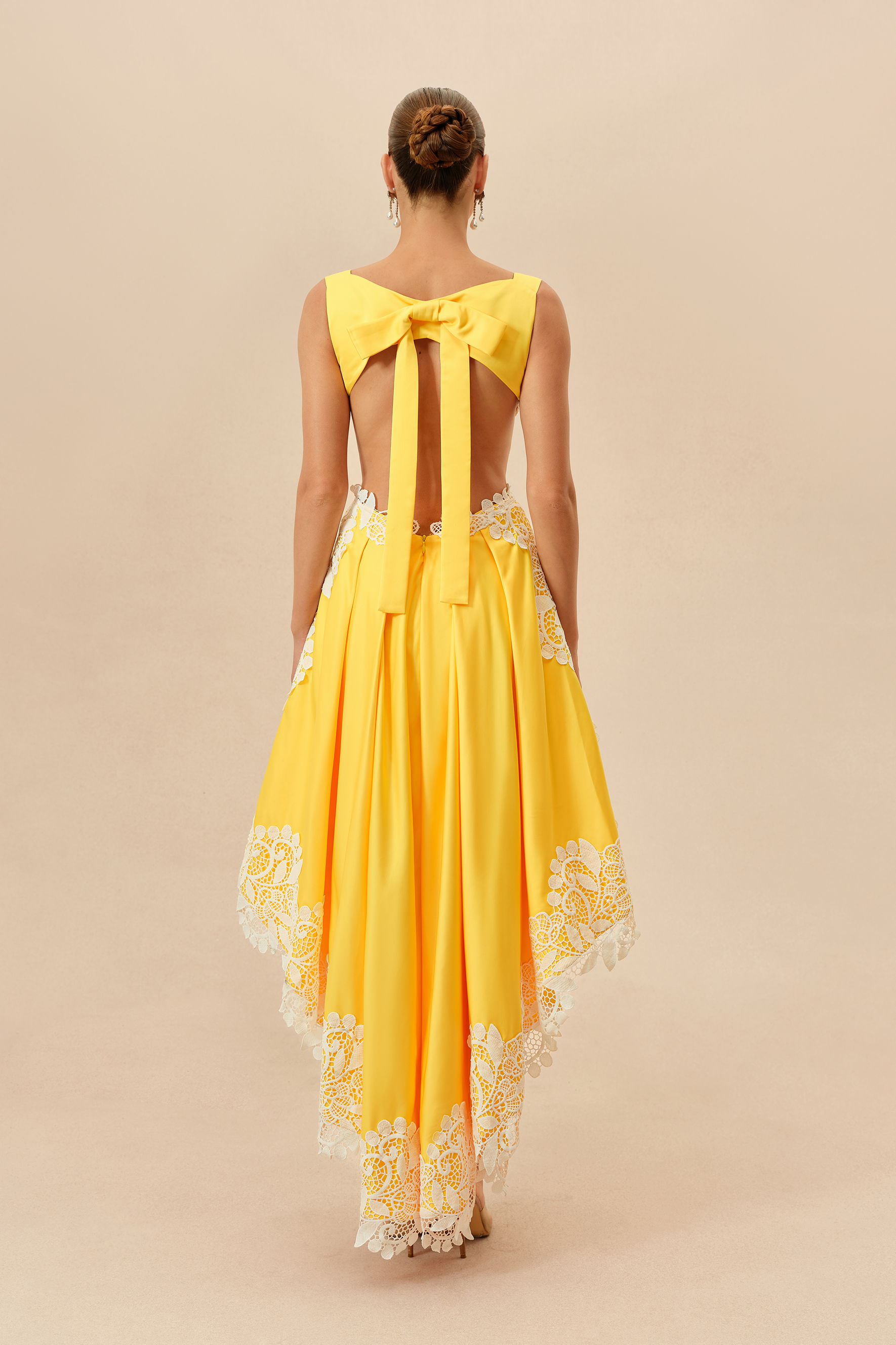 Sweetly Charming Yellow Lace Applique Bow Back Maxi Dress