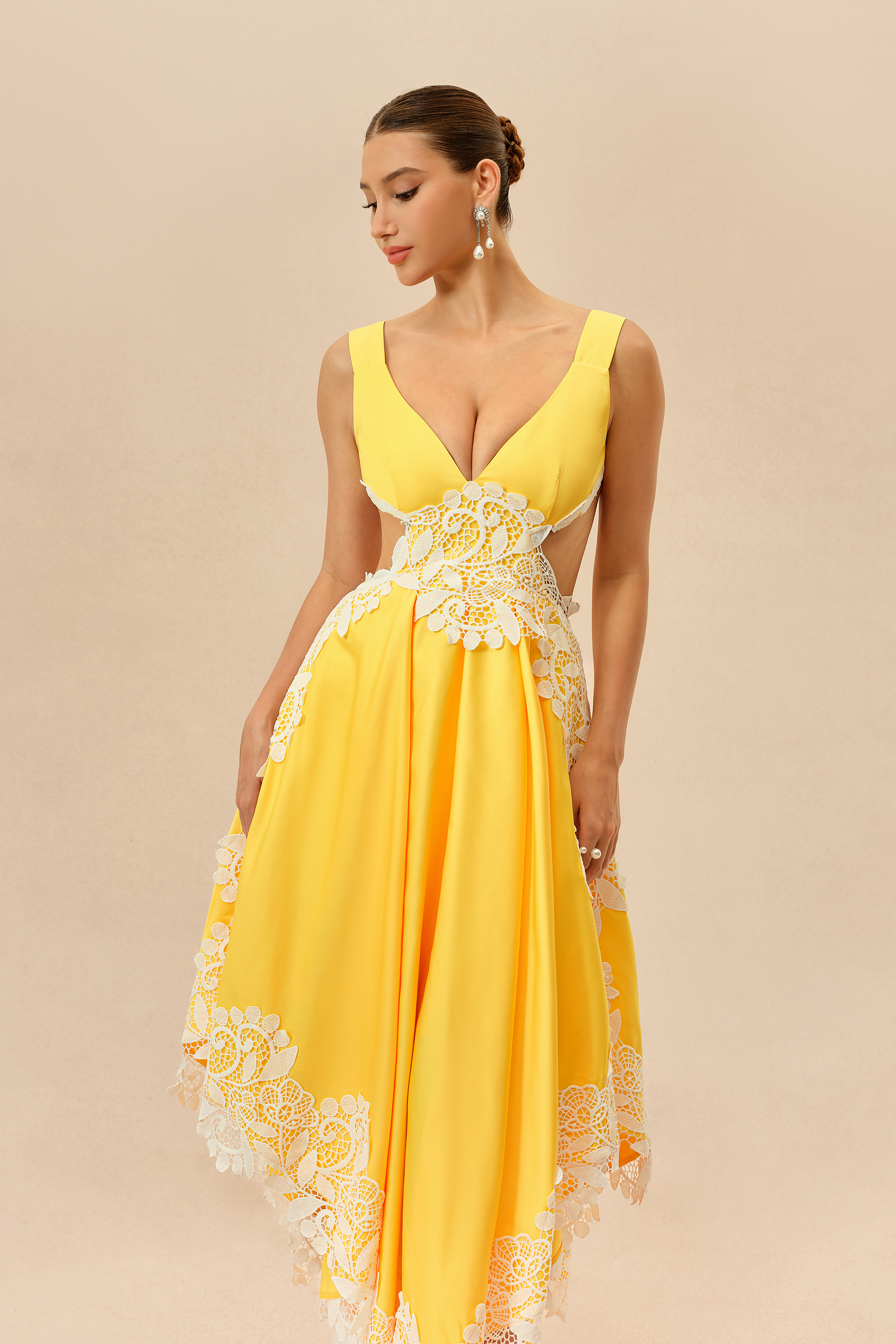 Sweetly Charming Yellow Lace Applique Bow Back Maxi Dress