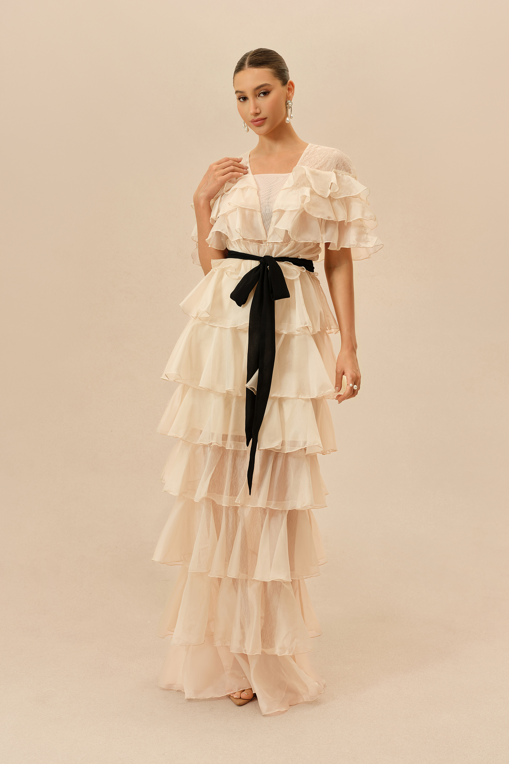 Classic Poise Apricot V Neck Ruffle Tiered Maxi Dress