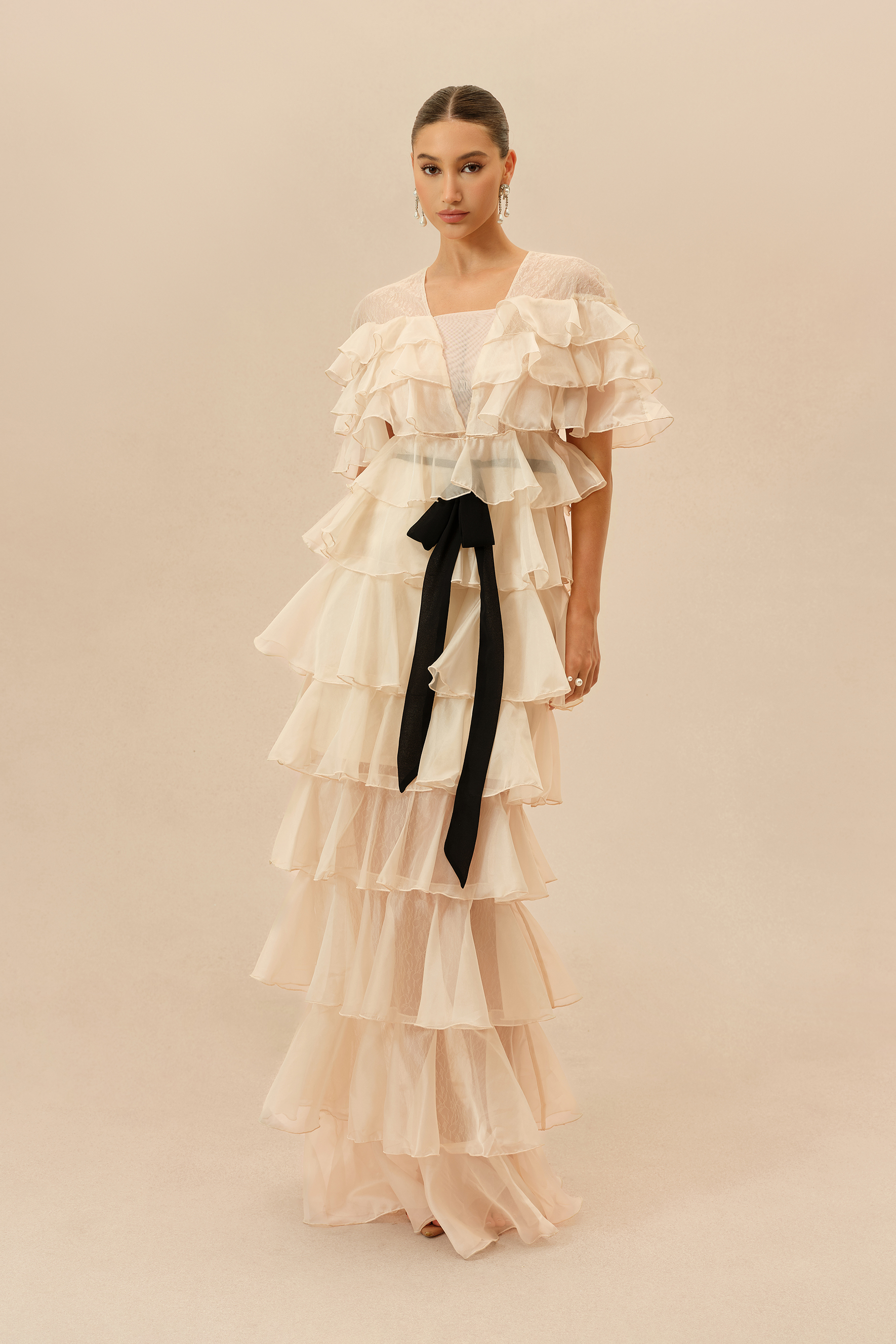 Classic Poise Apricot V Neck Ruffle Tiered Maxi Dress