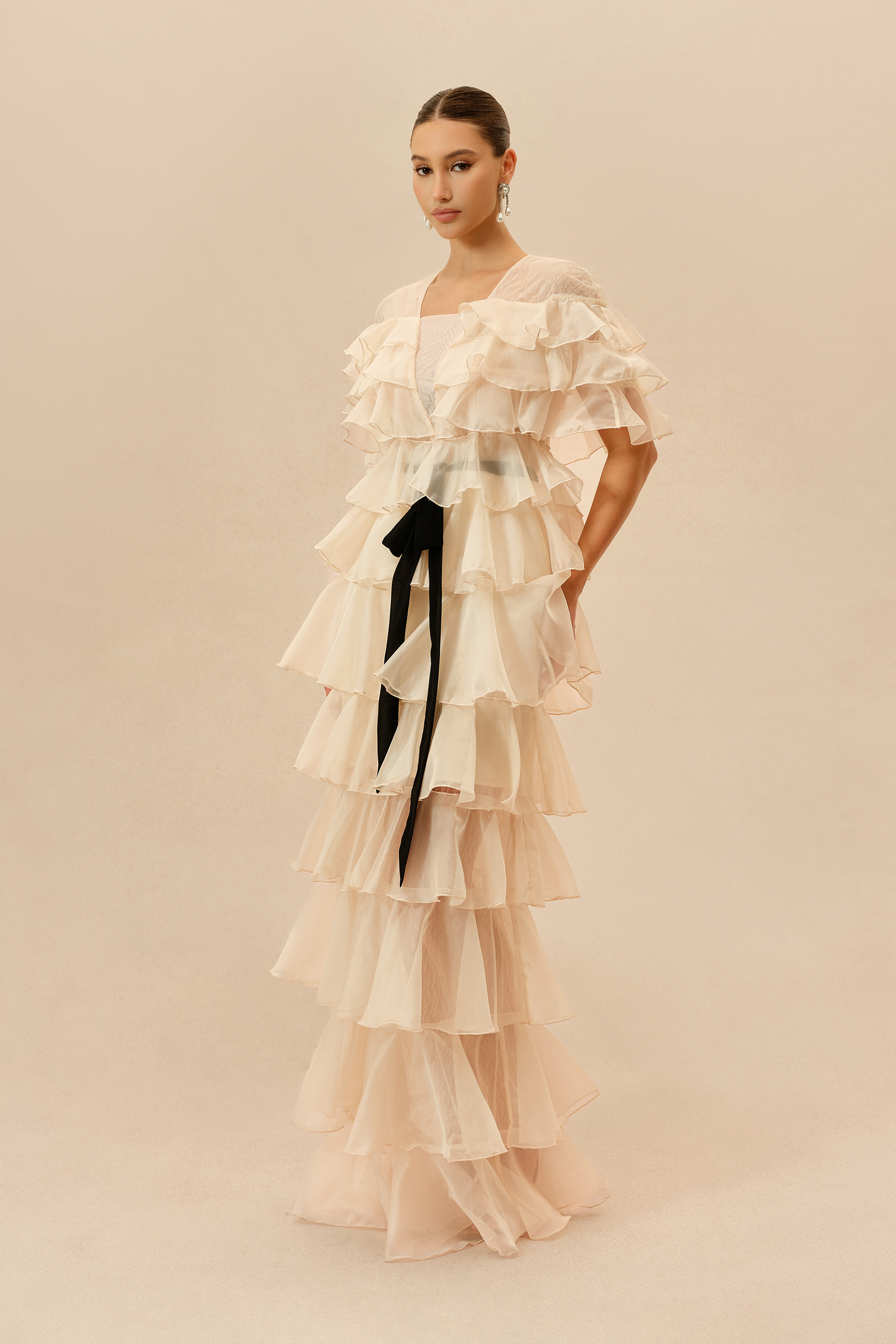 Classic Poise Apricot V Neck Ruffle Tiered Maxi Dress