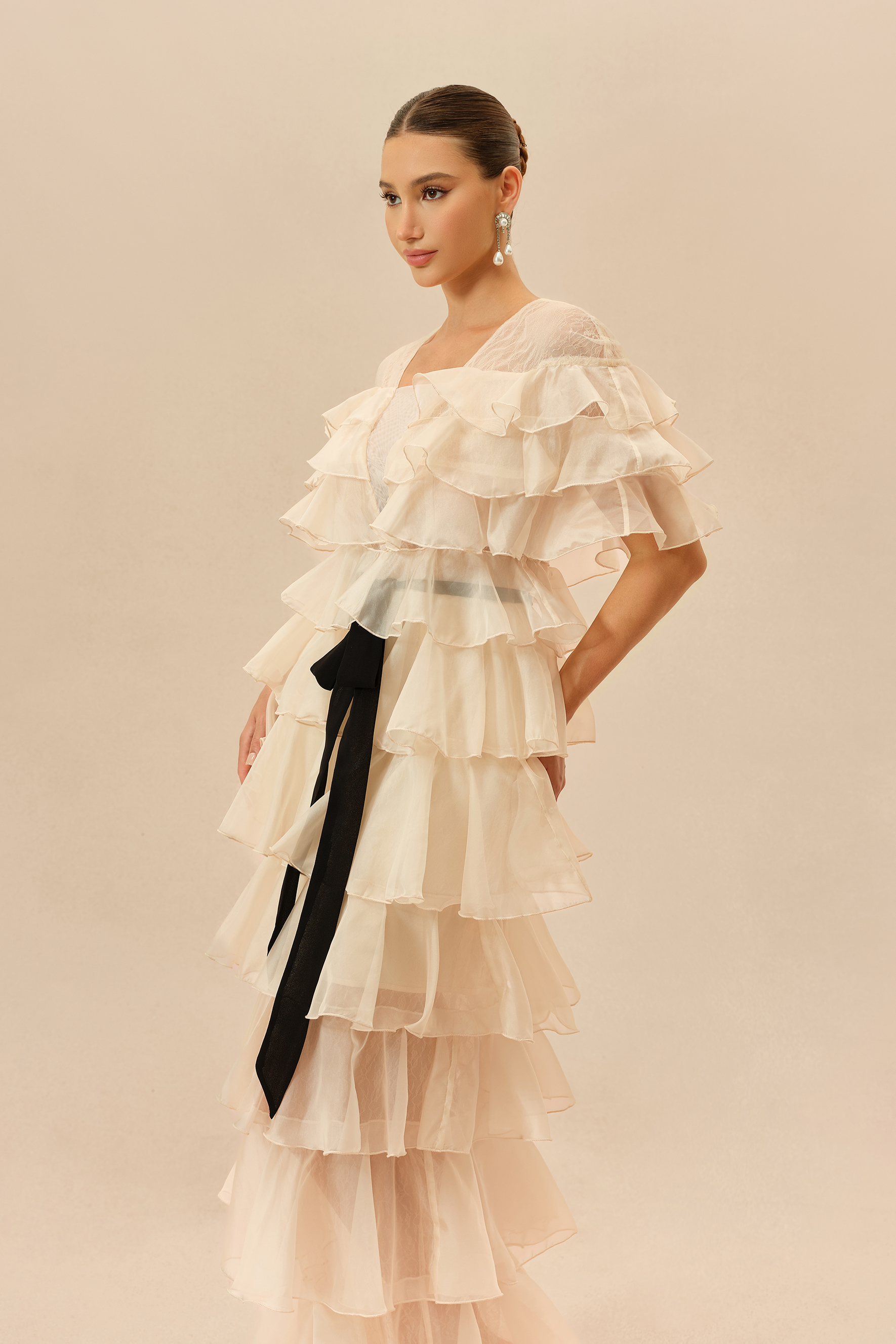 Classic Poise Apricot V Neck Ruffle Tiered Maxi Dress