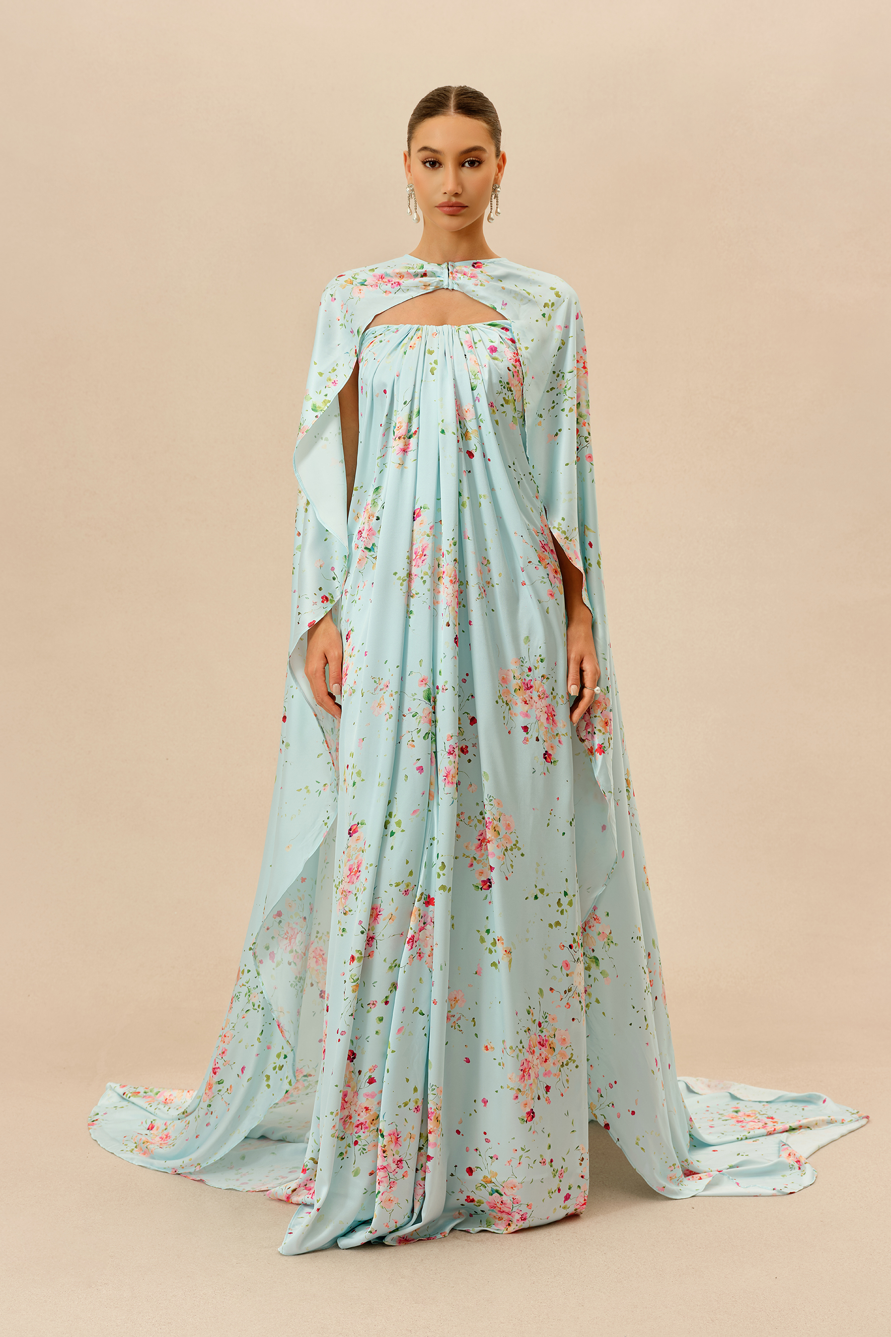 Sweet Like Spring Green Floral Print Strapless Maxi Dress With Cape