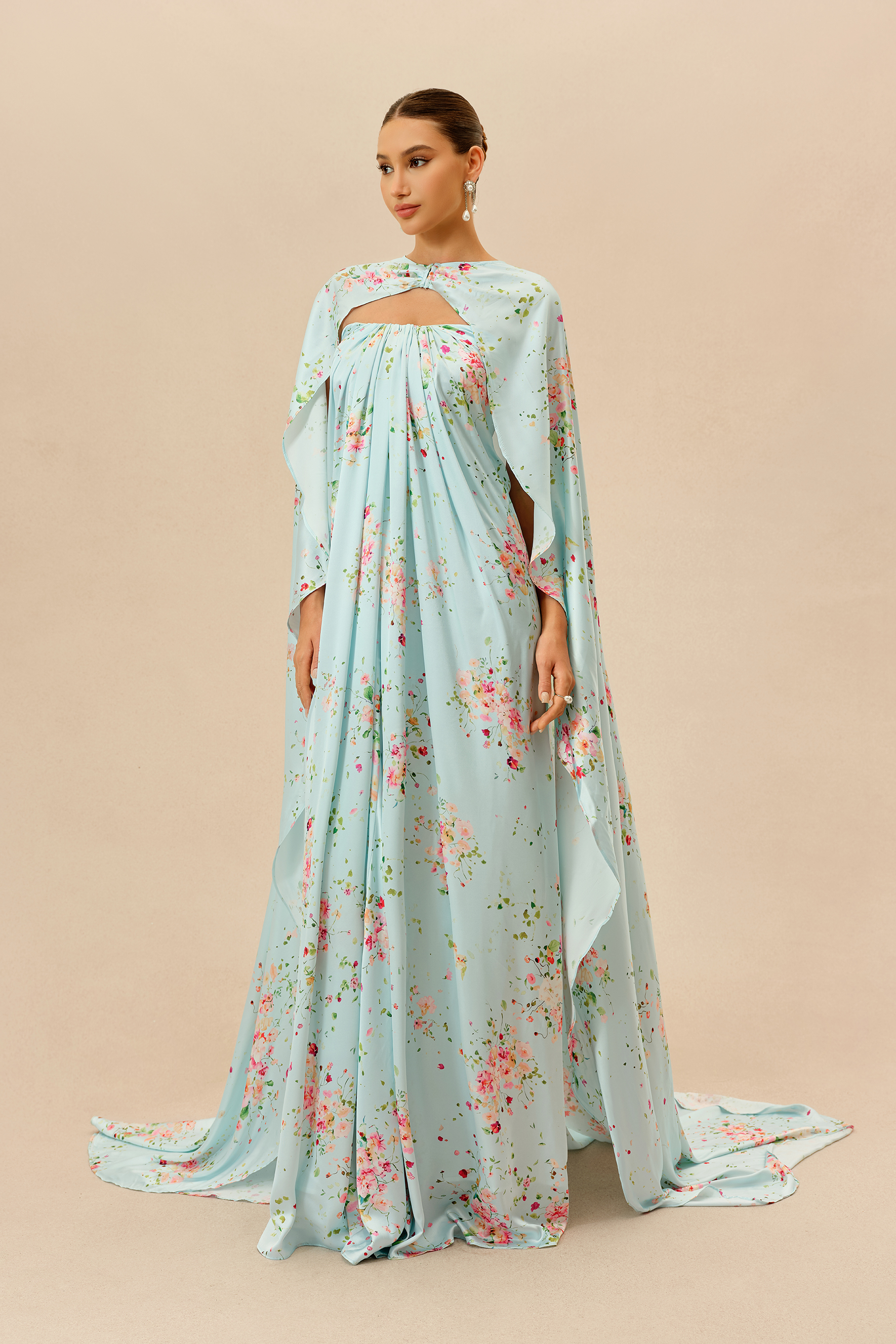 Sweet Like Spring Green Floral Print Strapless Maxi Dress With Cape