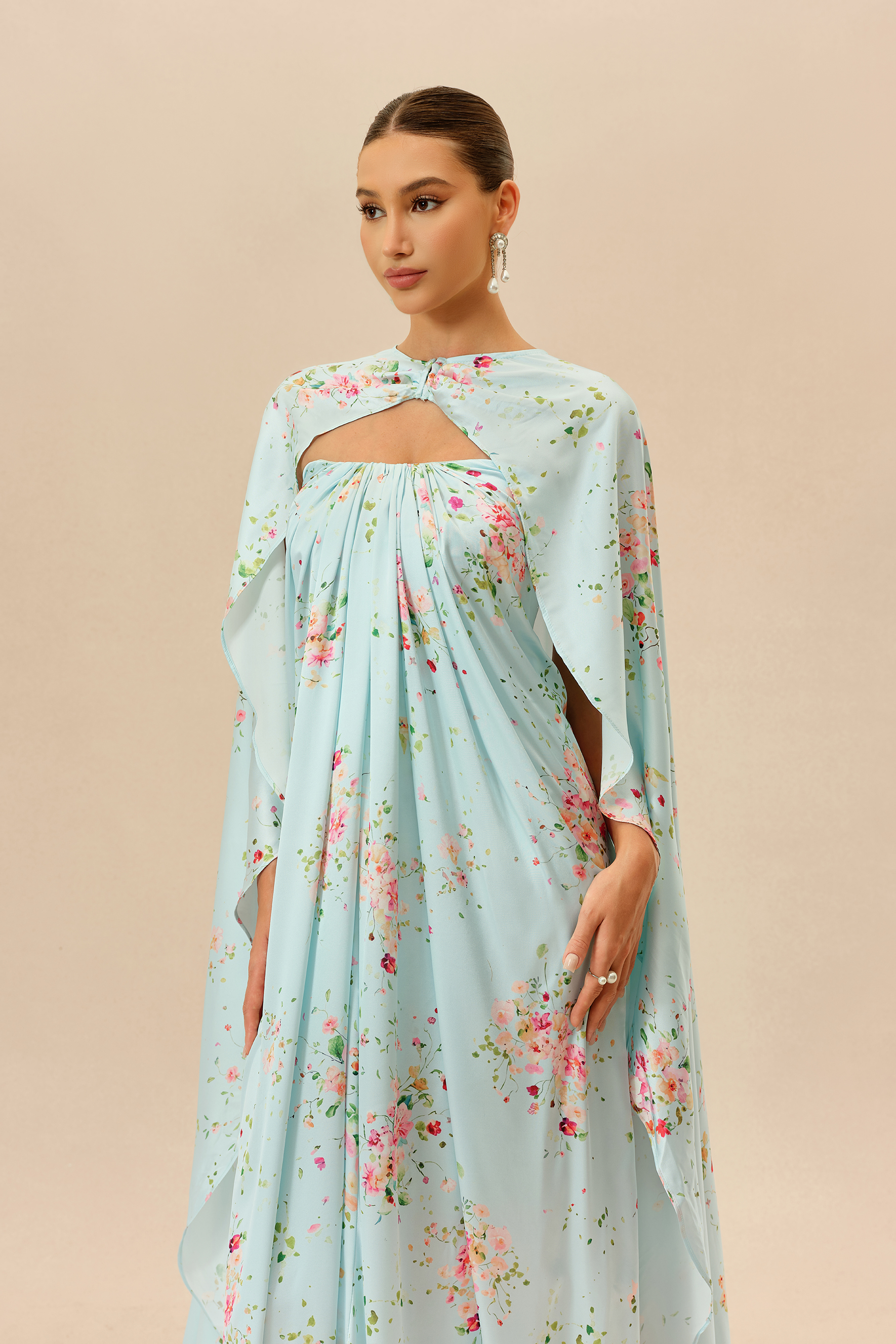 Sweet Like Spring Green Floral Print Strapless Maxi Dress With Cape