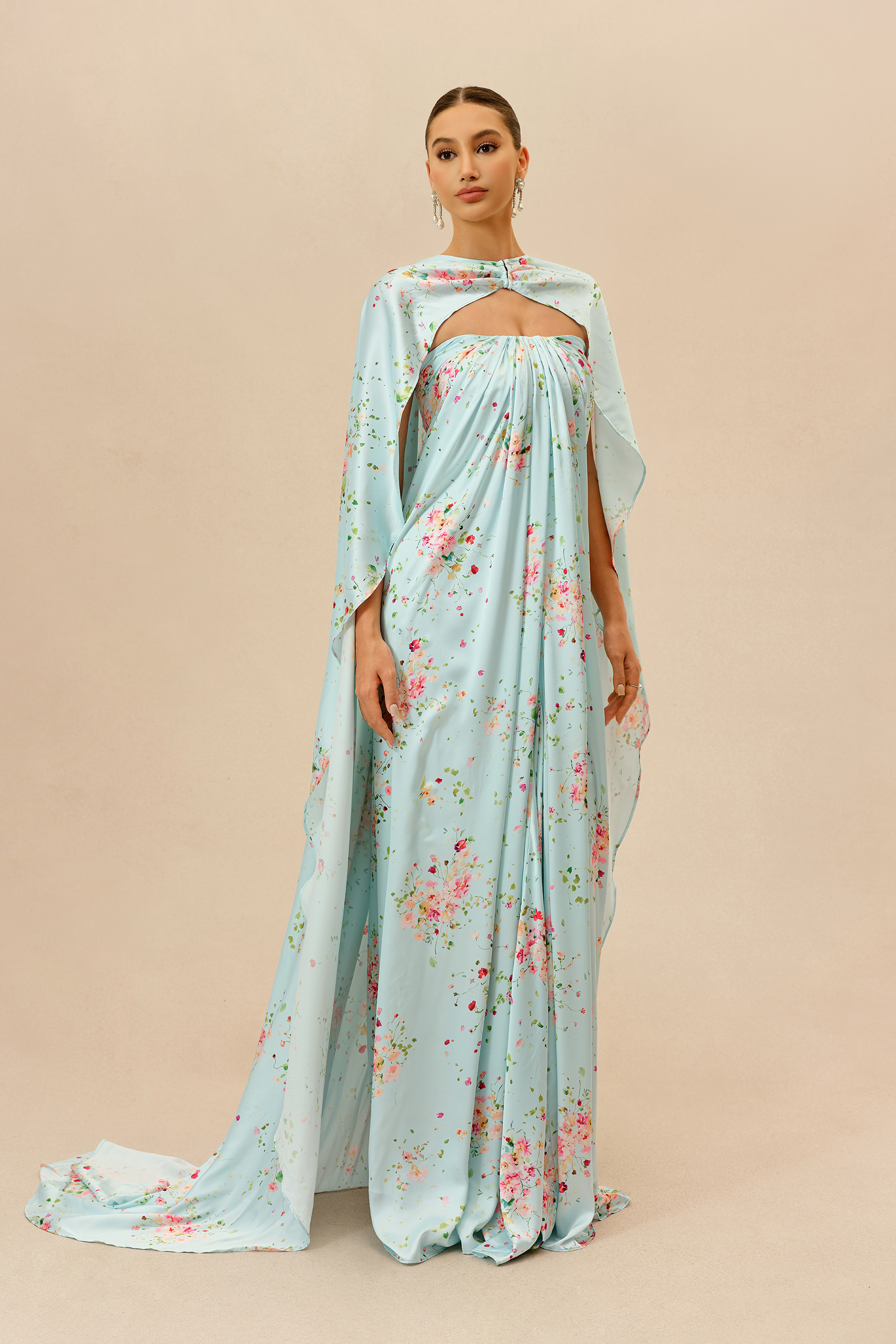Sweet Like Spring Green Floral Print Strapless Maxi Dress With Cape
