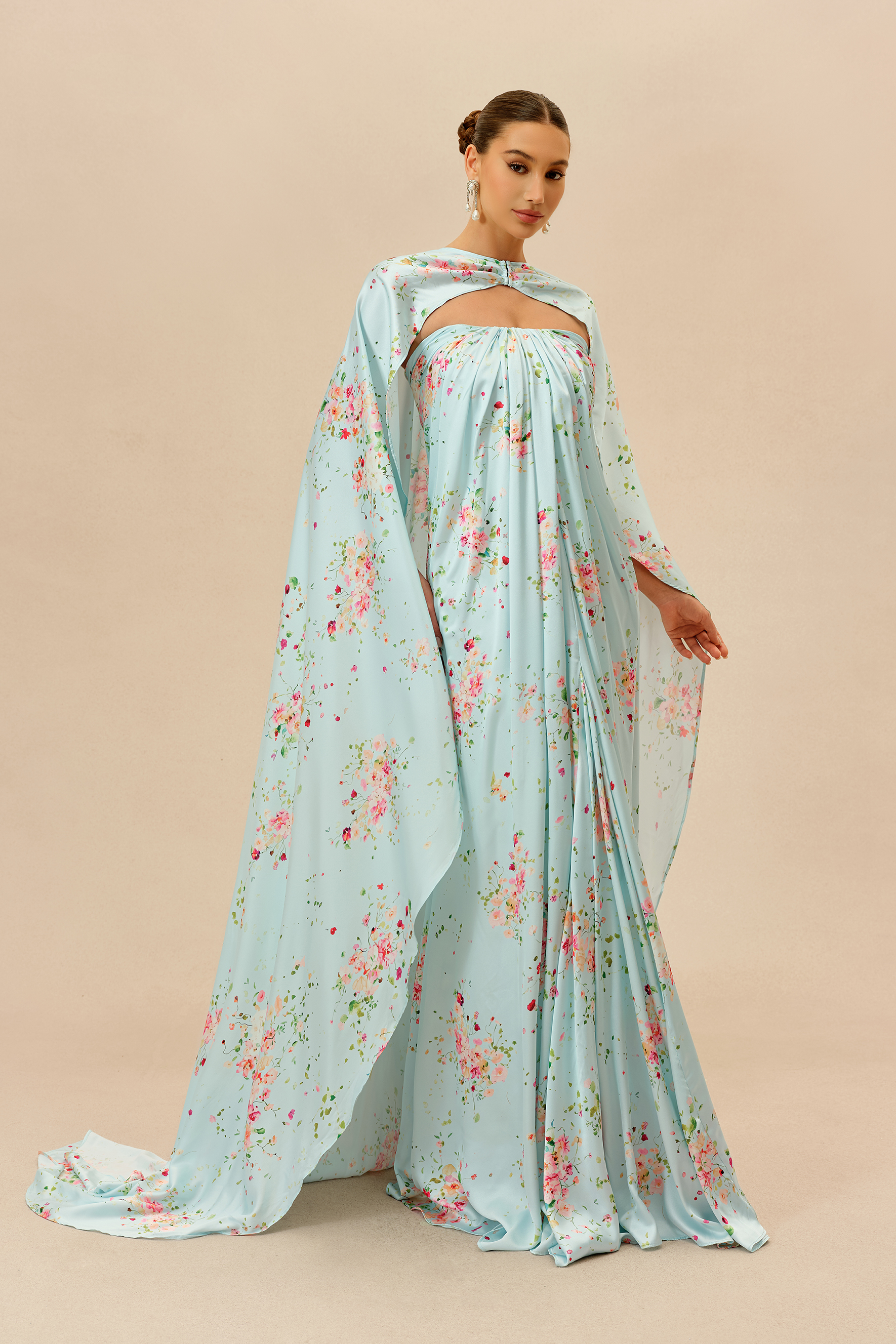 Sweet Like Spring Green Floral Print Strapless Maxi Dress With Cape