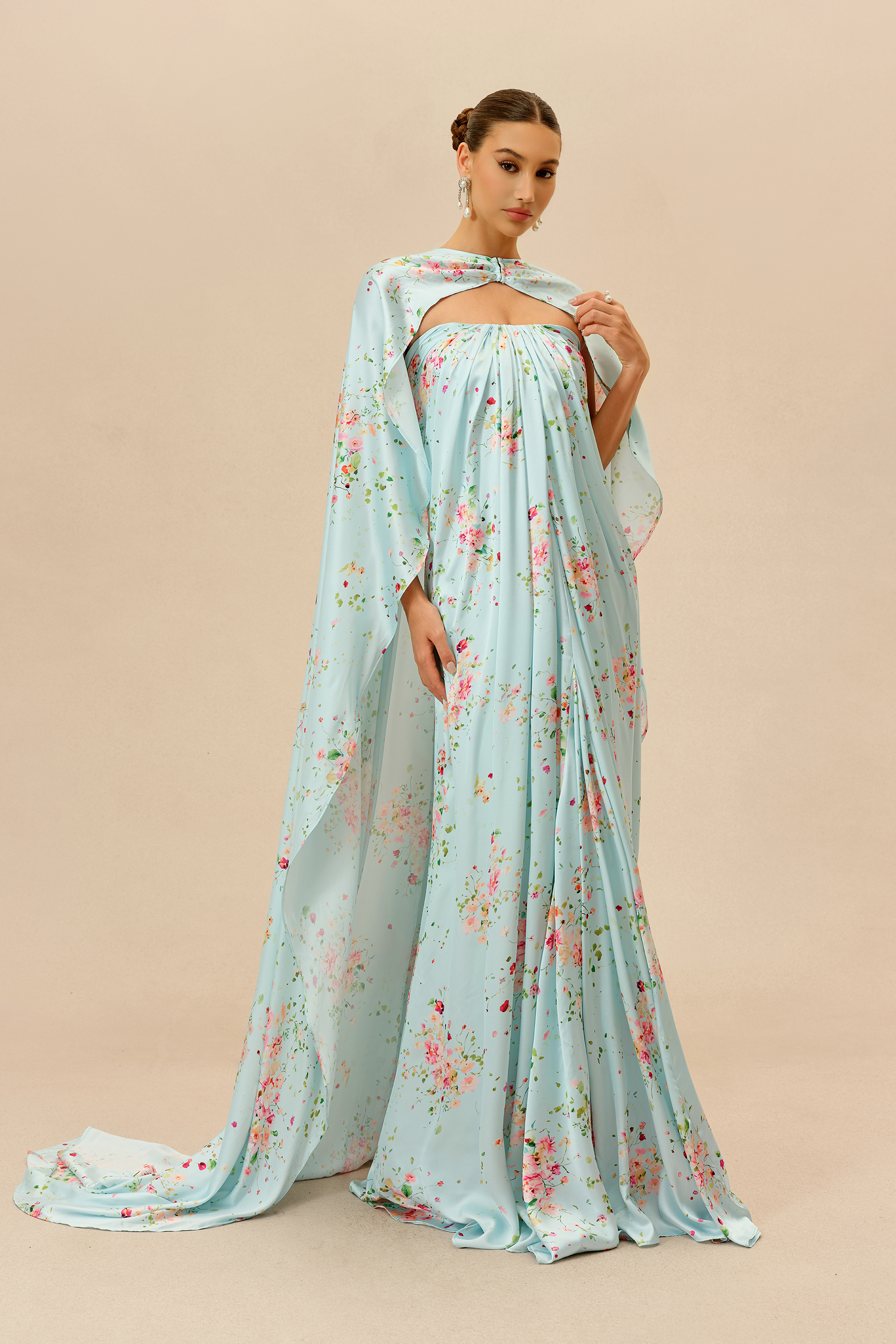 Sweet Like Spring Green Floral Print Strapless Maxi Dress With Cape