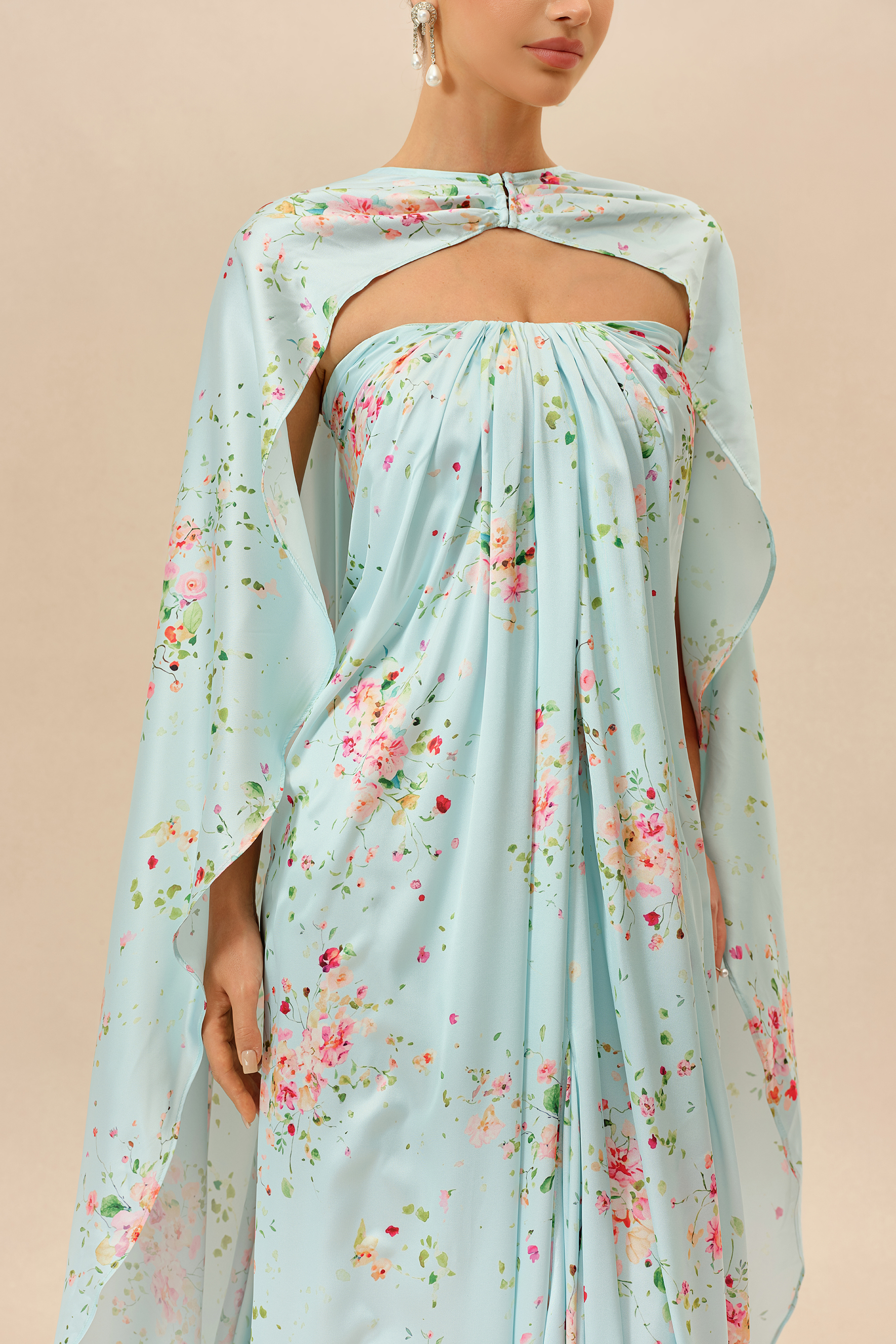 Sweet Like Spring Green Floral Print Strapless Maxi Dress With Cape