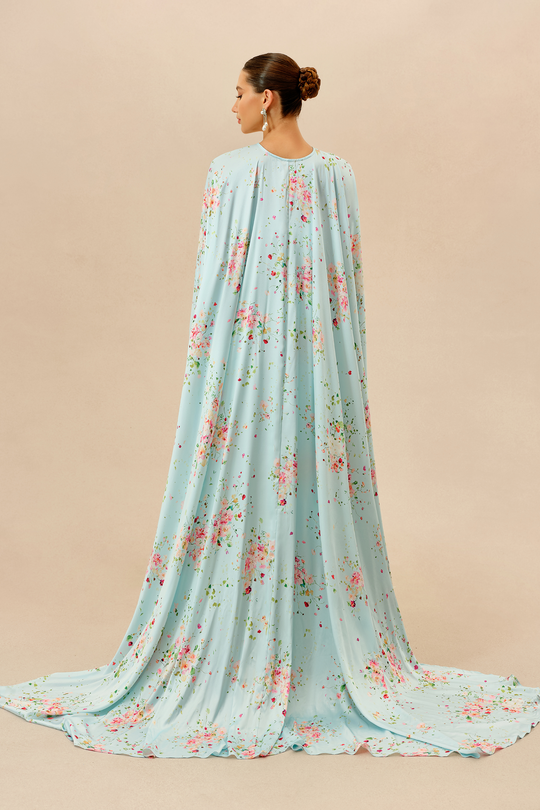 Sweet Like Spring Green Floral Print Strapless Maxi Dress With Cape