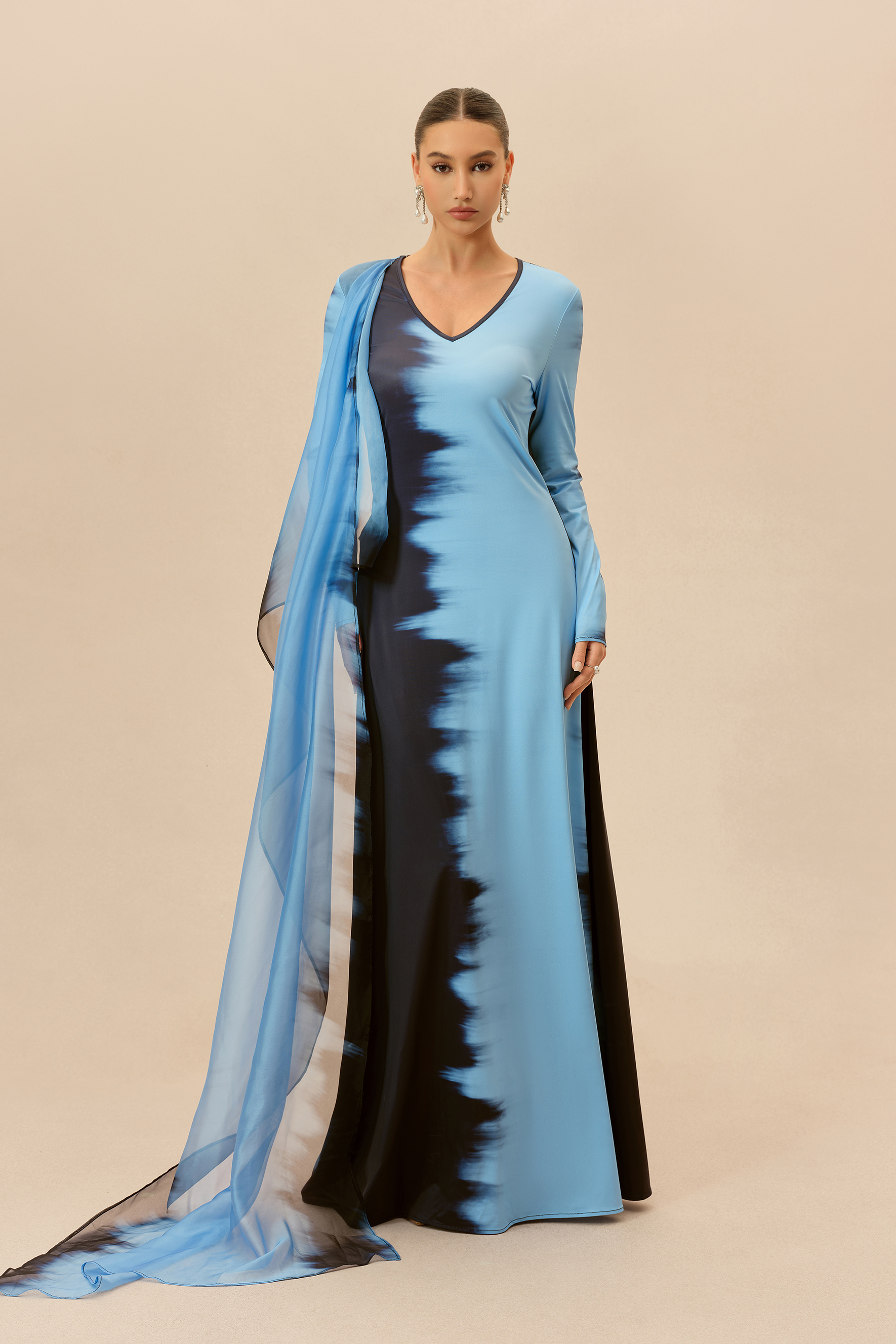 Watercolor Moment Blue Tie-Dye Print Cape Sleeve Maxi Dress