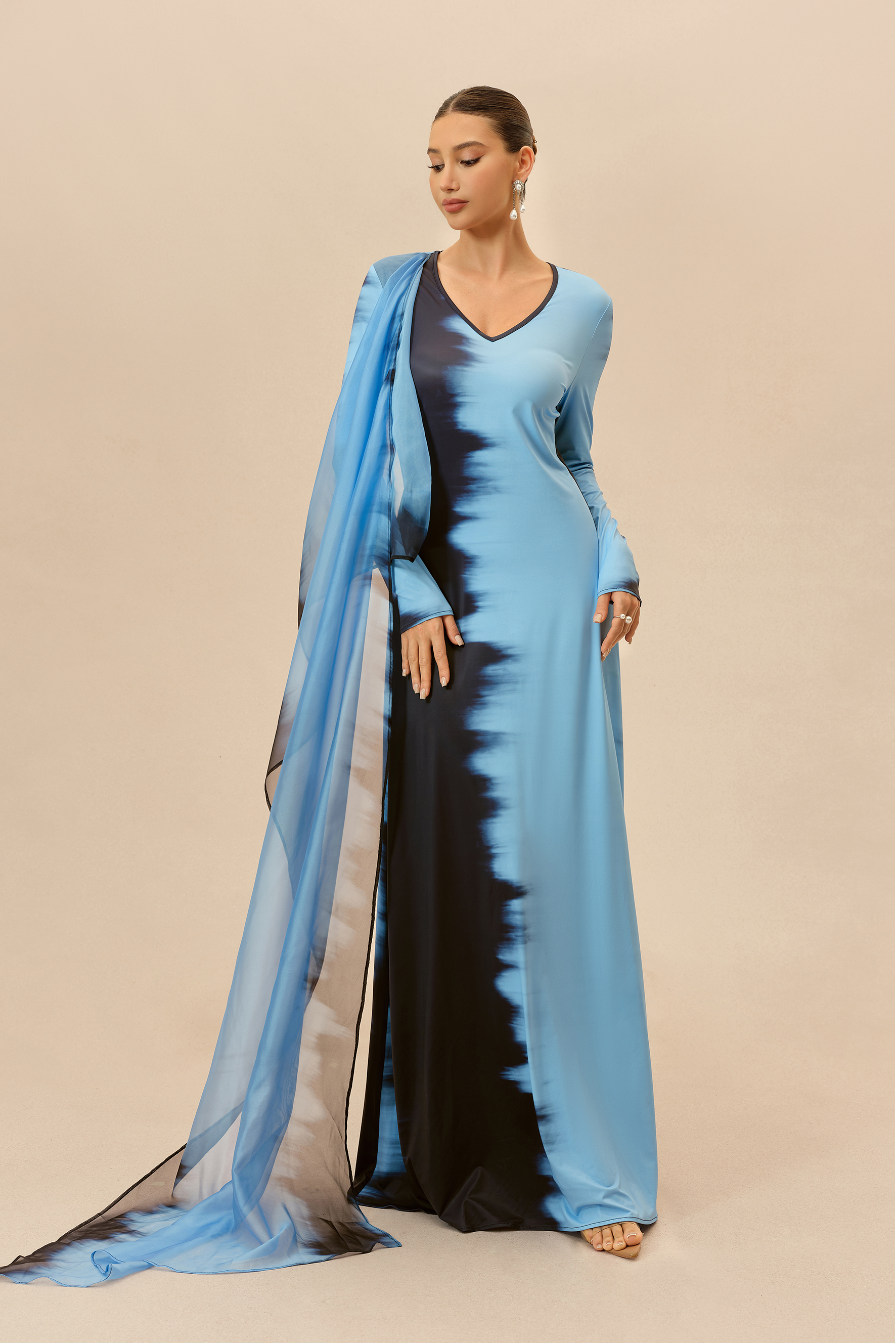 Watercolor Moment Blue Tie-Dye Print Cape Sleeve Maxi Dress