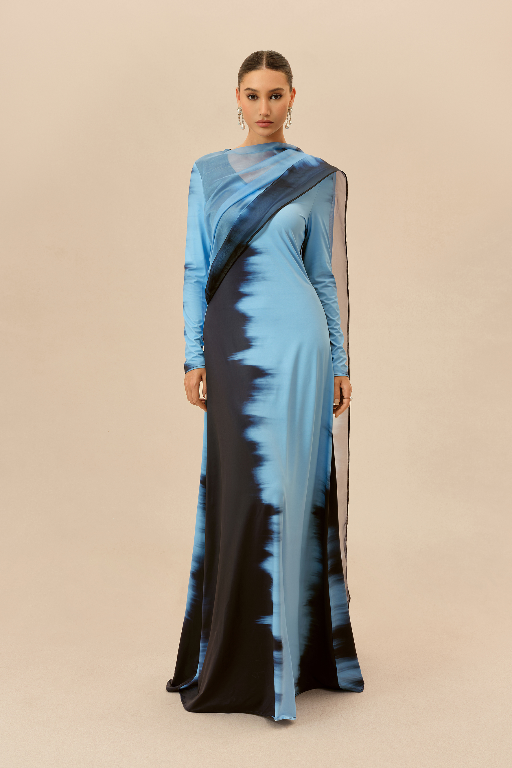 Watercolor Moment Blue Tie-Dye Print Cape Sleeve Maxi Dress