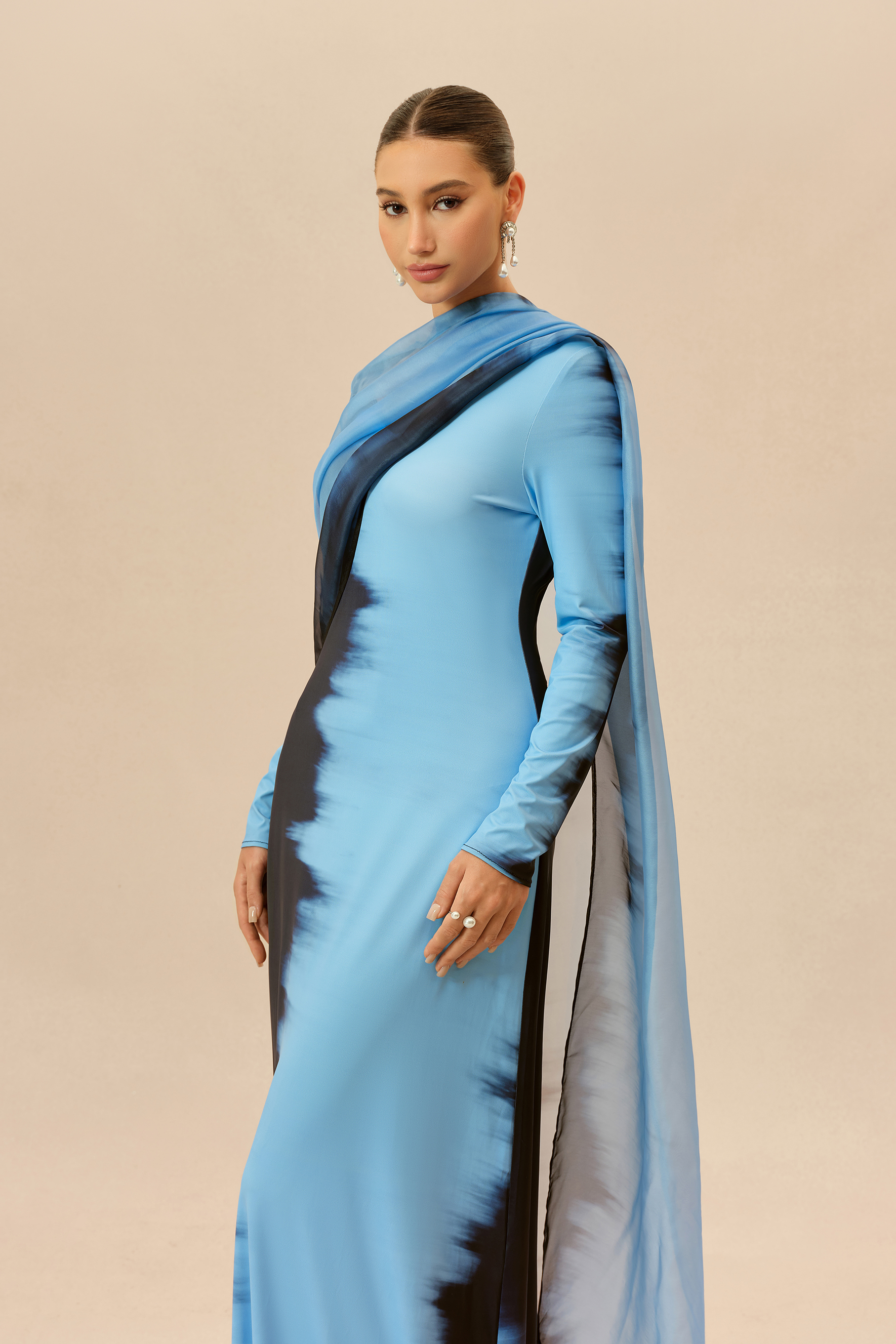 Watercolor Moment Blue Tie-Dye Print Cape Sleeve Maxi Dress