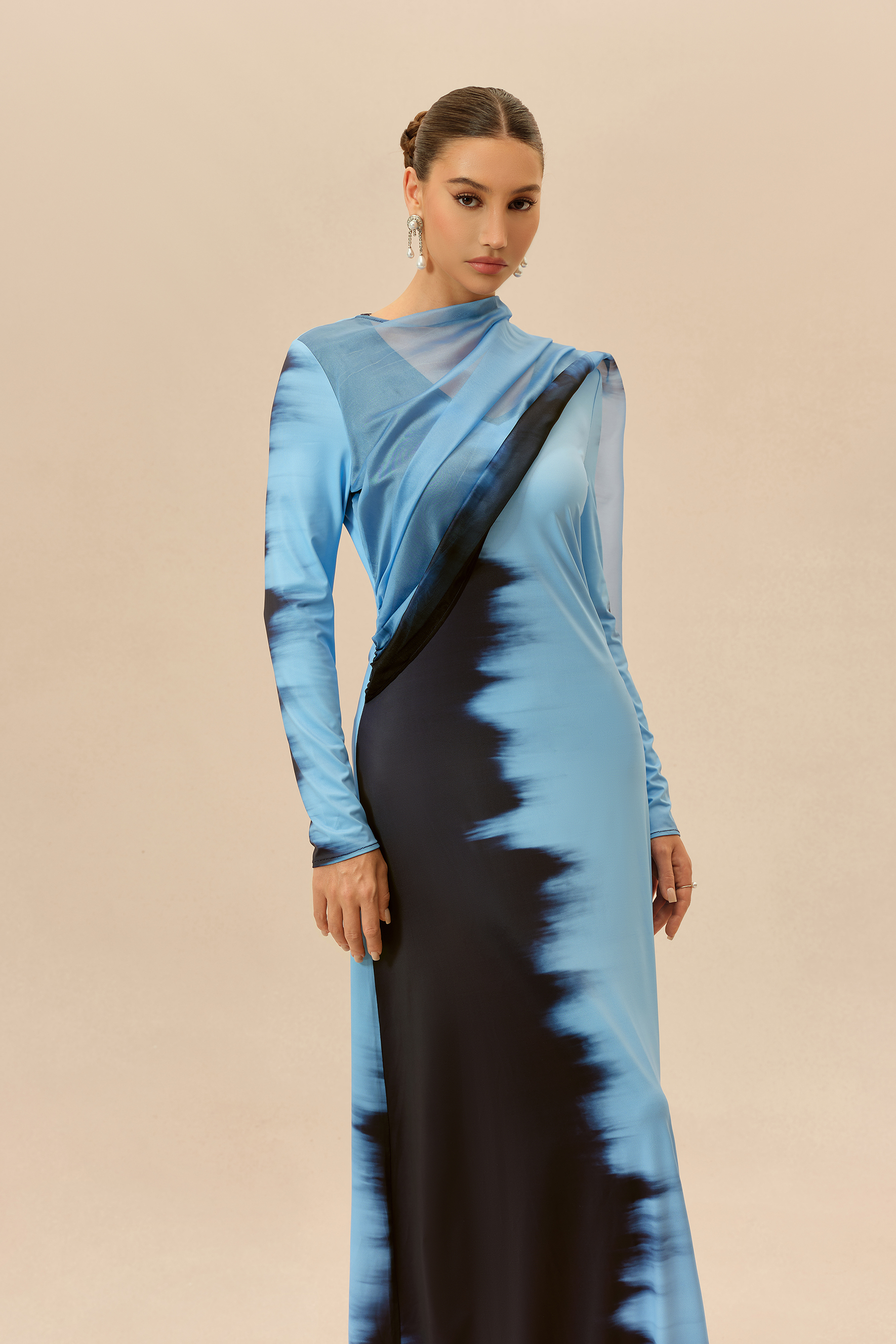 Watercolor Moment Blue Tie-Dye Print Cape Sleeve Maxi Dress