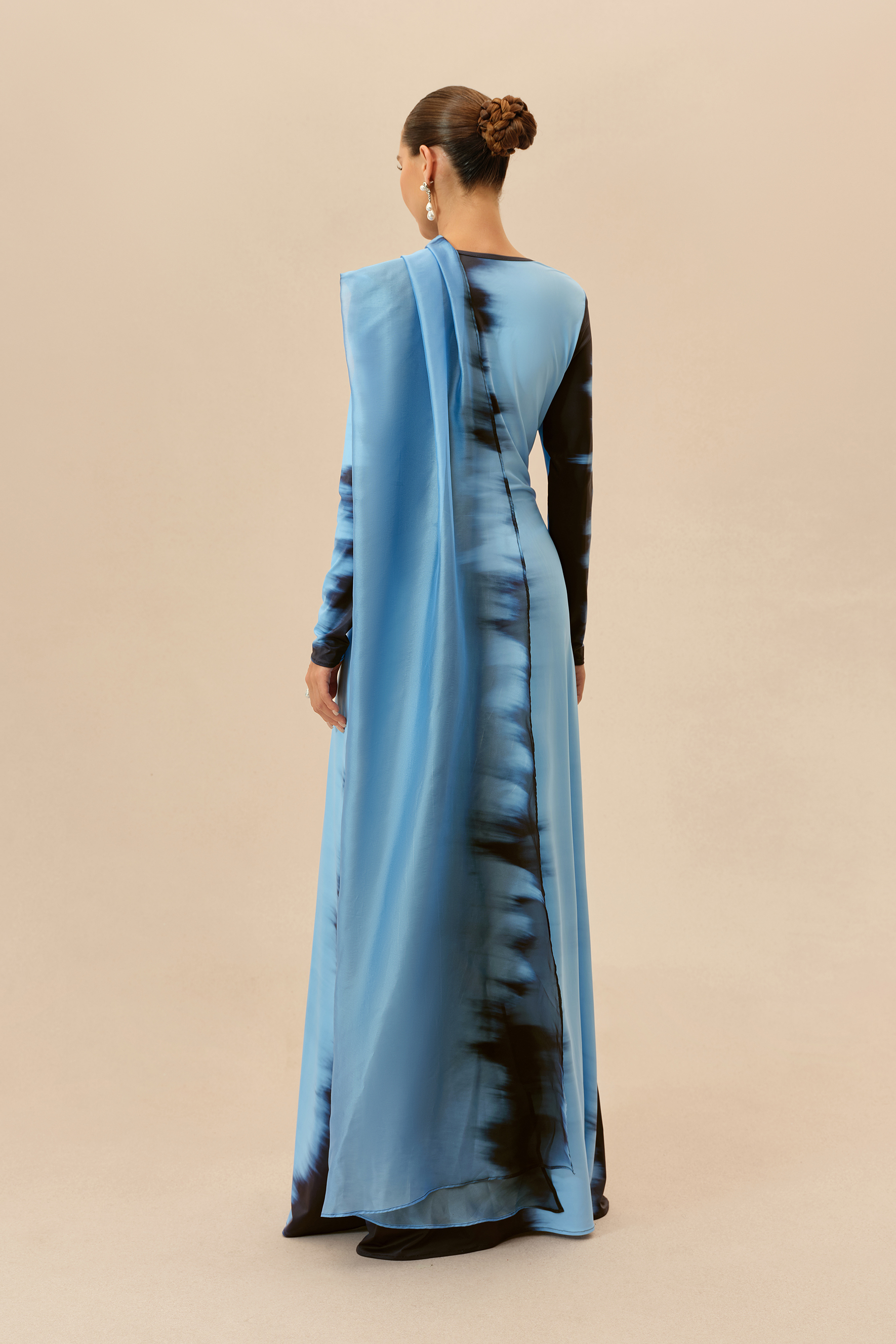 Watercolor Moment Blue Tie-Dye Print Cape Sleeve Maxi Dress