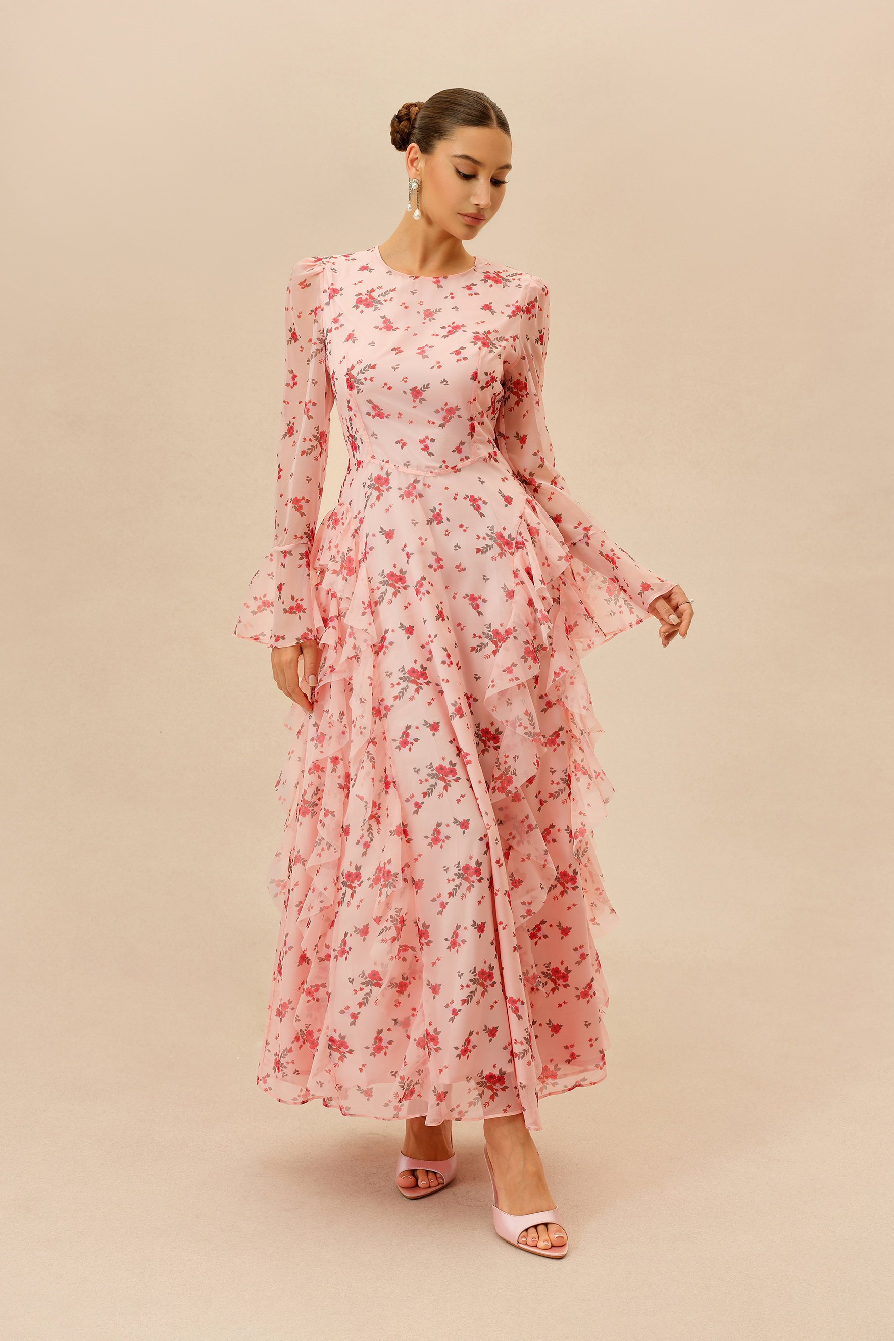 Sweet Serenade Pink Floral Print Ruffle Tiered Maxi Dress