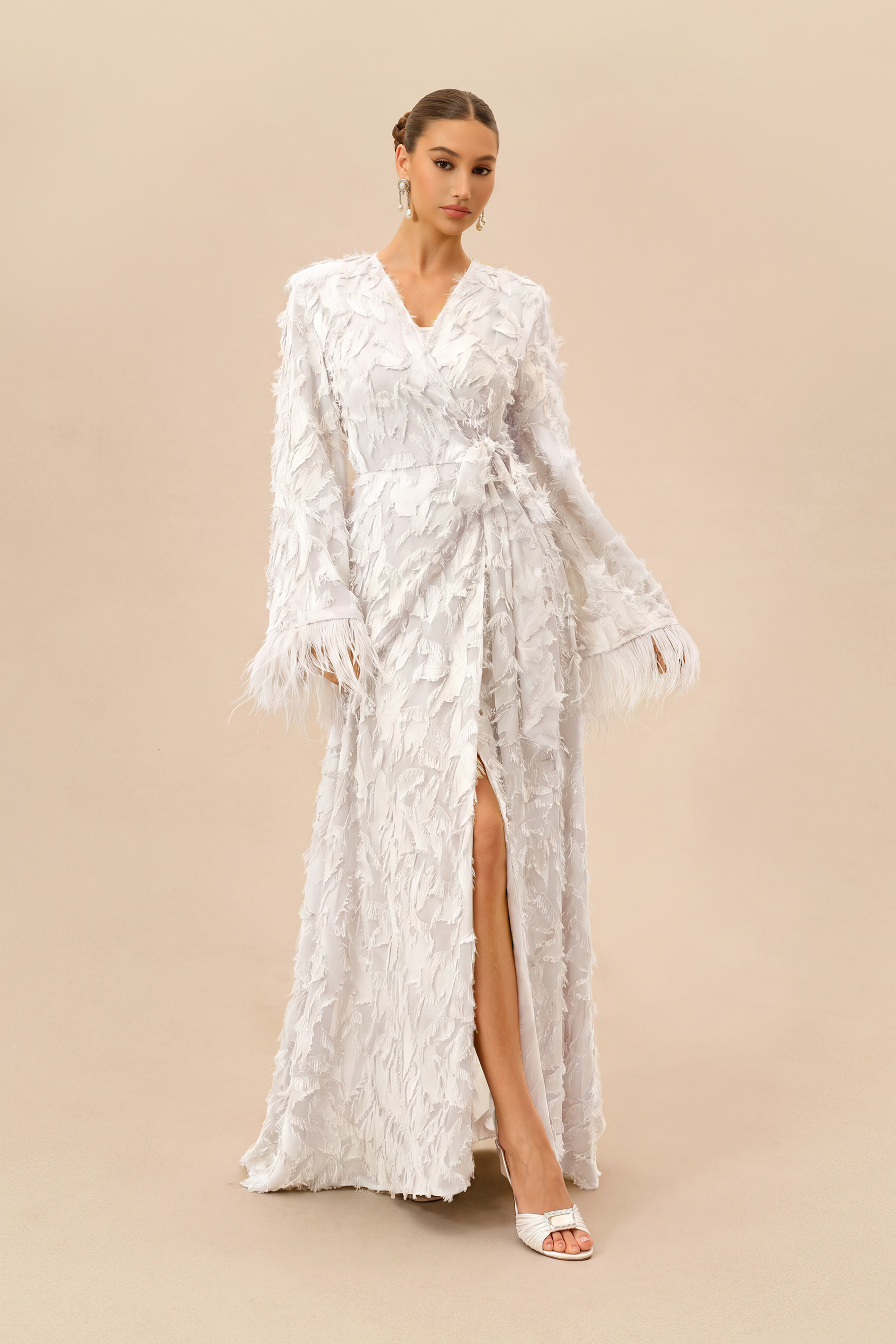 Secret Affair White Leaf Applique Featherer Cuff Maxi Dress